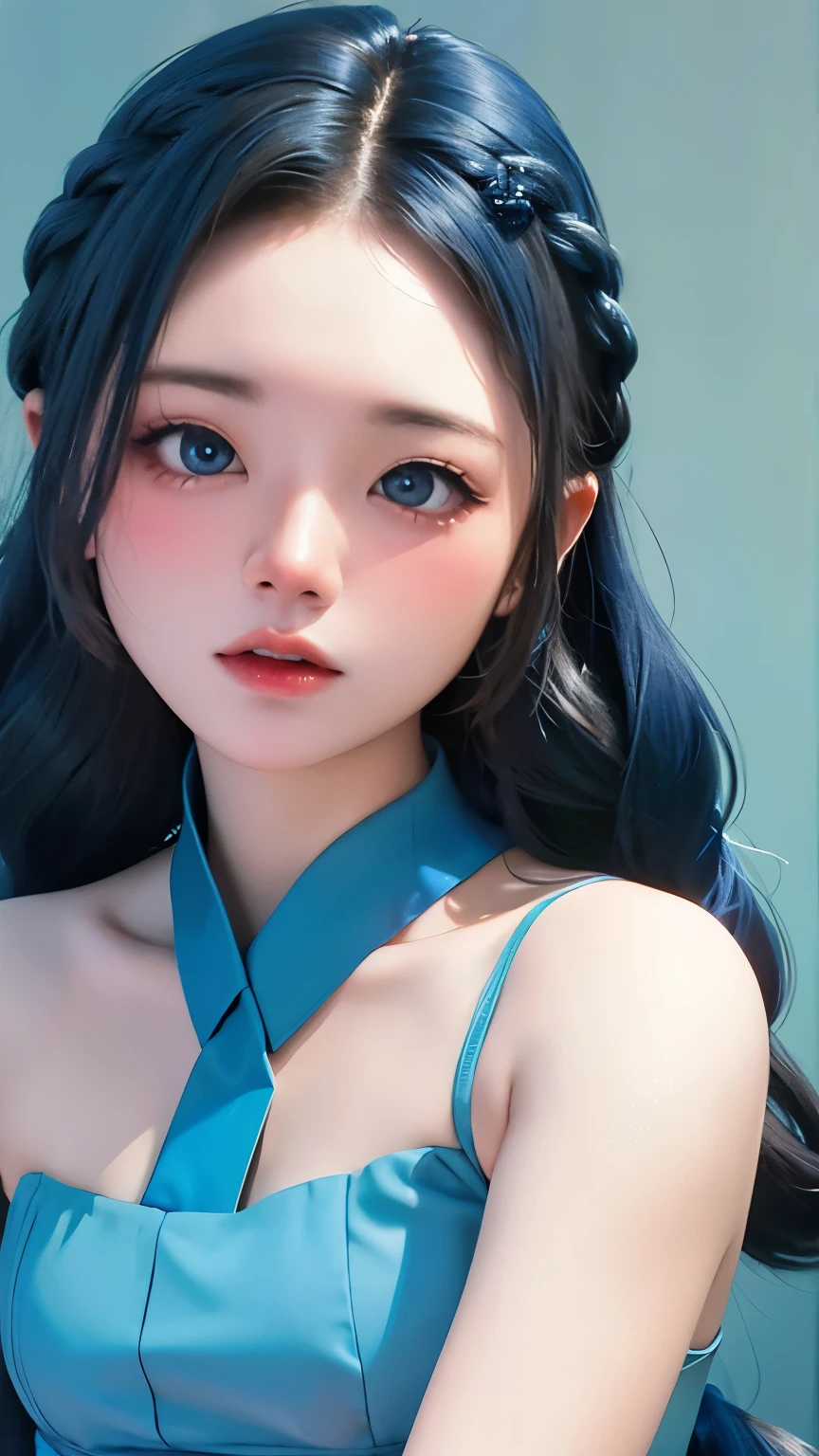 (((horizon blue world:1.3)))、highest quality, table top, High resolution, (((1 girl))), 16 years old,(((french braid:1.2)))、(((i am horizon blue:1.3)))、horizon blue dress、((horizon blue shirt:1.3、horizon blue color block dress)), Tyndall effect, realistic, shadow studio,Ultramarine lighting, dual tone lighting, (high detail skin: 1.2)、薄dark lighting、dark lighting、 Digital single-lens reflex camera, photograph, High resolution, 4k, 8k, background blur,fade out beautifully、horizon blue world