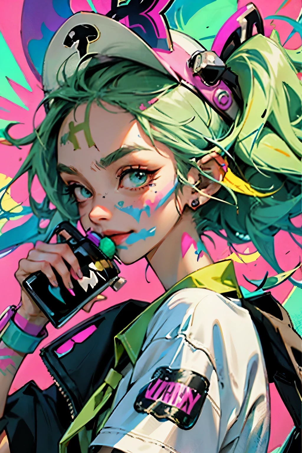 anime slim girl with a cap and a mask, thin face, holding a spray can, green messy hair, street background in neon pink and blue colors, stickers, smirk face, harley vibe, bad girl