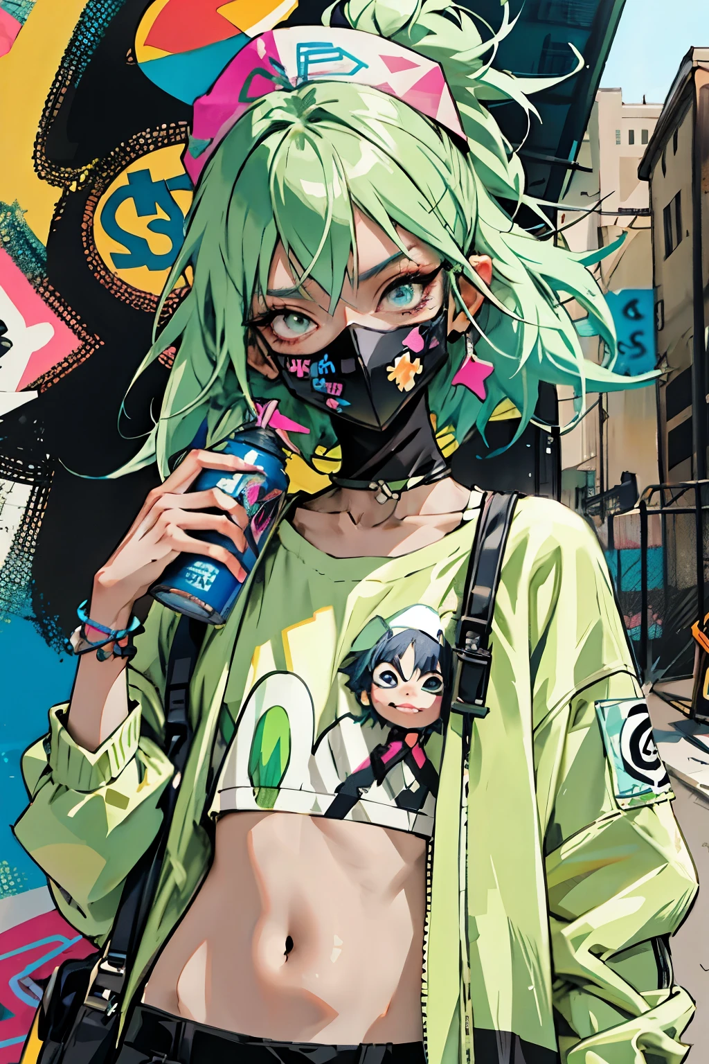 anime slim girl with a cap and a mask, thin face, holding a spray can, green messy hair, street background in neon pink and blue colors, stickers, smirk face, harley vibe, bad girl