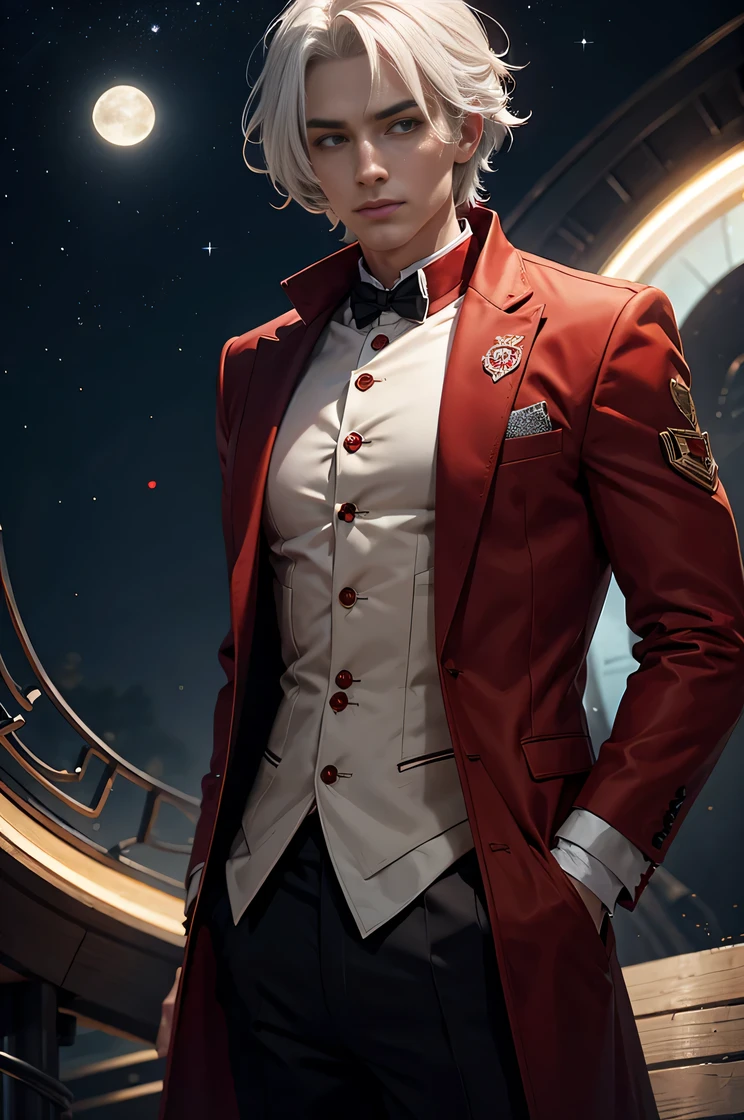 man with red and white hair , wearing red and white outfit with moons and stars pattern ,