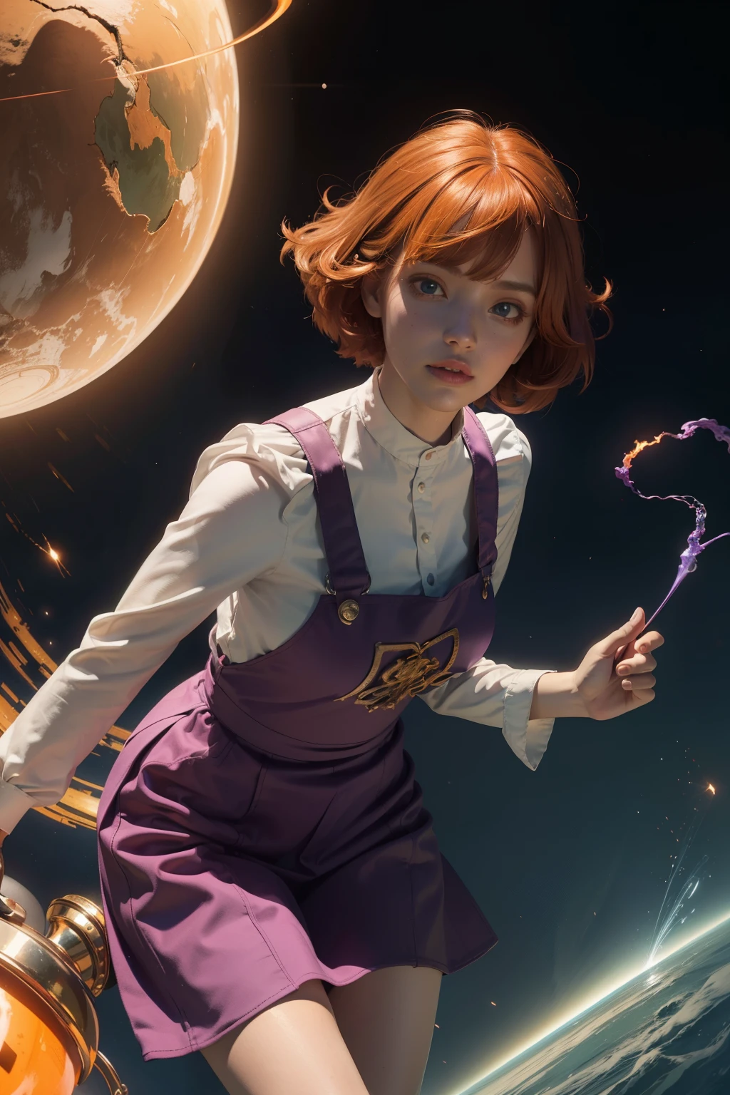 concept art, overhead angle of a Will-o'-the-wisp, wearing Funny Somali Emerald deep orange Pinafore, Caramel hair styled as Short hair, fluorescent purple Hair tie, equirectangular 360, Highres,  [(art by Willi Baumeister:1.1), (art by John T. Biggers:1.2)::17], official art, unity 8k wallpaper, ultra detailed, aesthetic, masterpiece, best quality, photorealistic