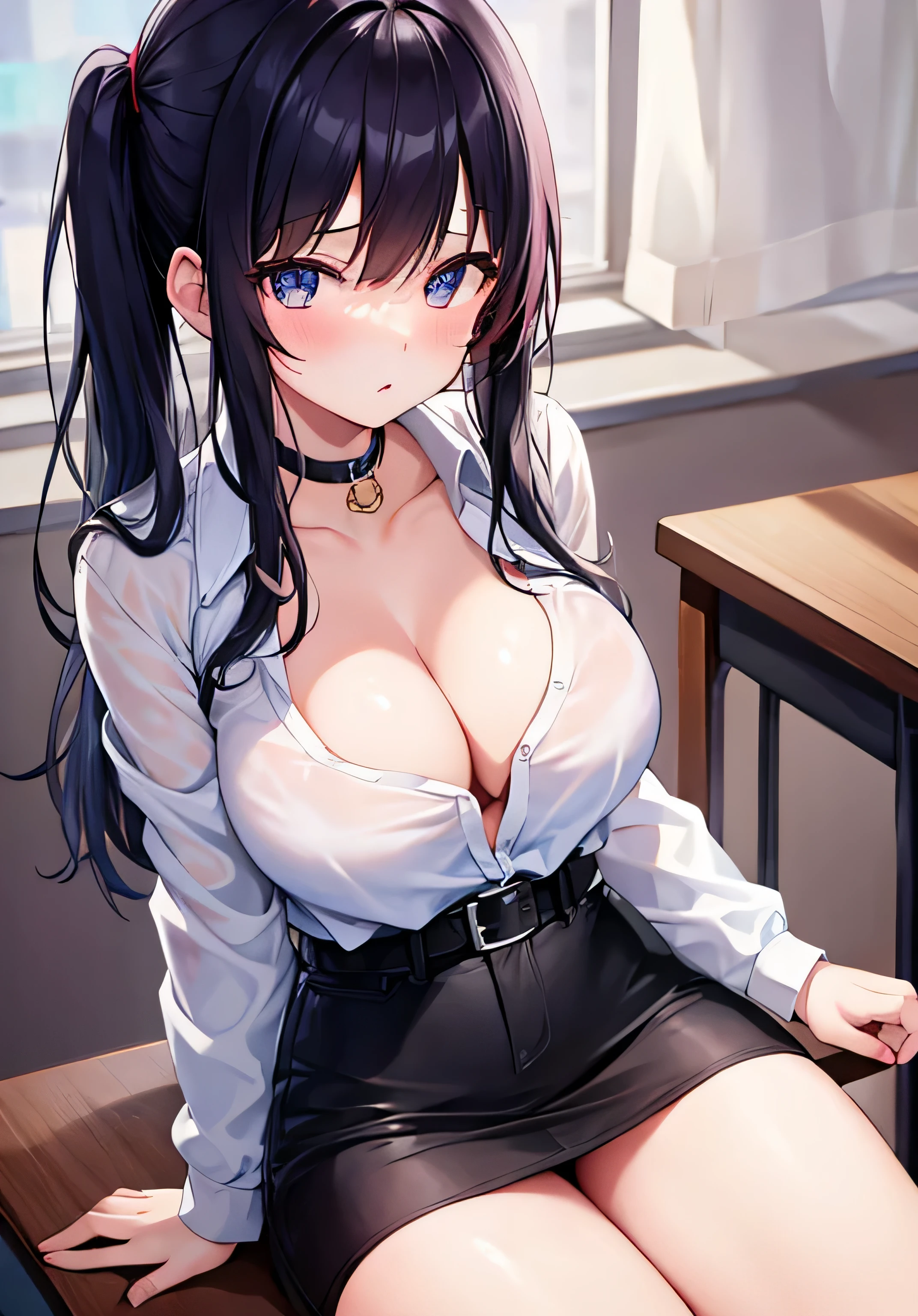 masterpiece、best image quality、ultra high resolution、NSFW、age girl with big breasts、twin tail hairstyle、black hair、red face、shyly、Open your mouth just a little、White shirt with cleavage visible、pencil skirt、waist belt、(((spread your legs wide open机に座っている)))、(((spread your legs wide open)))、light pink panties、The crotch of the panties、inside the classroom