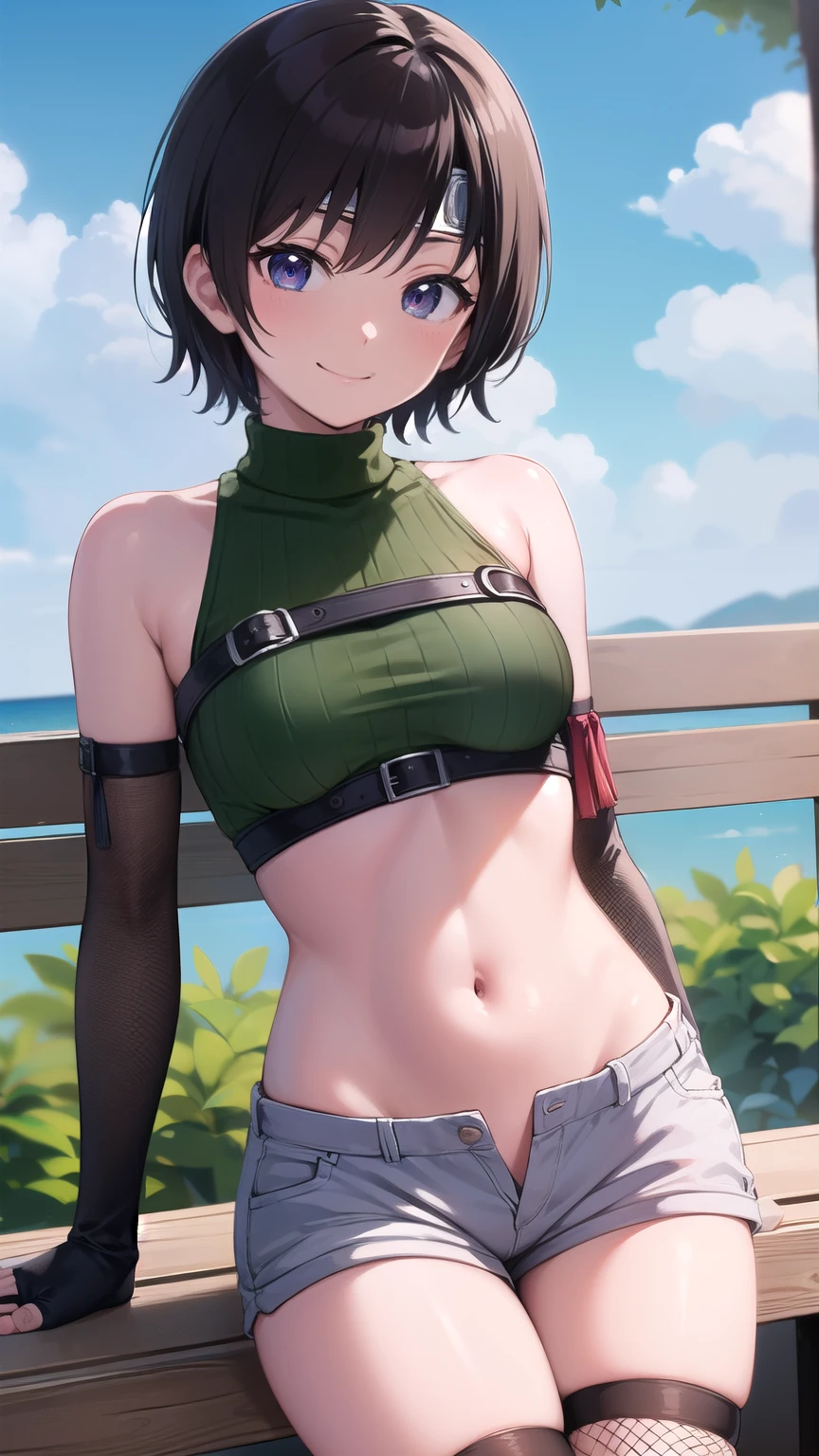 yuffiekisaragi, Yuffie Kisaragi,Haircuts, pixie cut,
壊す crop top, fingerless gloves, fishnet Thighhighs, fishnet, forehead protector, gloves, head band, belly button, short shorts, shorts, single sleeve, single thigh high, No sleeve, No sleeve turtleneck, Thighhighs, turtleneck,
bench、blue sky、smile