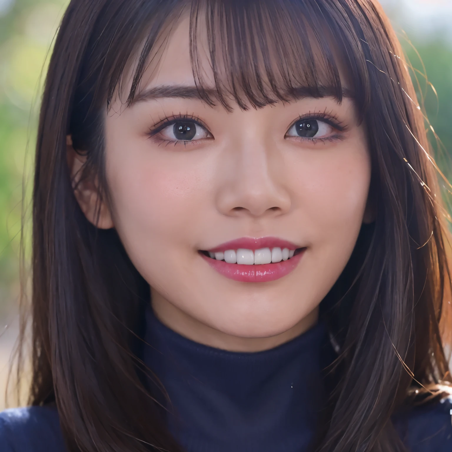 (highest quality、table top、8k、best image quality、Award-winning work)、one beautiful woman、25 years old、(Fixed front configuration:1.1)、(Front photo from the chest up:1.1)、big and full breasts、[clavicle]、(Bright dark blue turtleneck tight knit sweater that fits perfectly:1.1)、look at me and smile、(strongly blurred natural park background:1.1)、droopy eyes、natural makeup、With bangs、long hair、Ultra high definition beauty face、(Super high definition perfect beautiful teeth:1.1)、ultra high definition hair、Super high-definition sparkling eyes、Super high resolution glossy lips、accurate anatomy、(very bright and vivid:1.3)