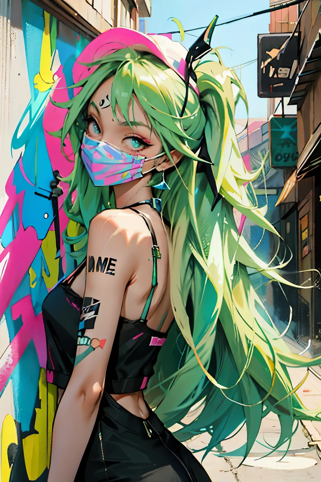 anime slim girl with a cap and a mask, thin face, holding a spray can, green messy hair, street background in neon pink and blue colors, stickers, smirk face, harley vibe, bad girl
