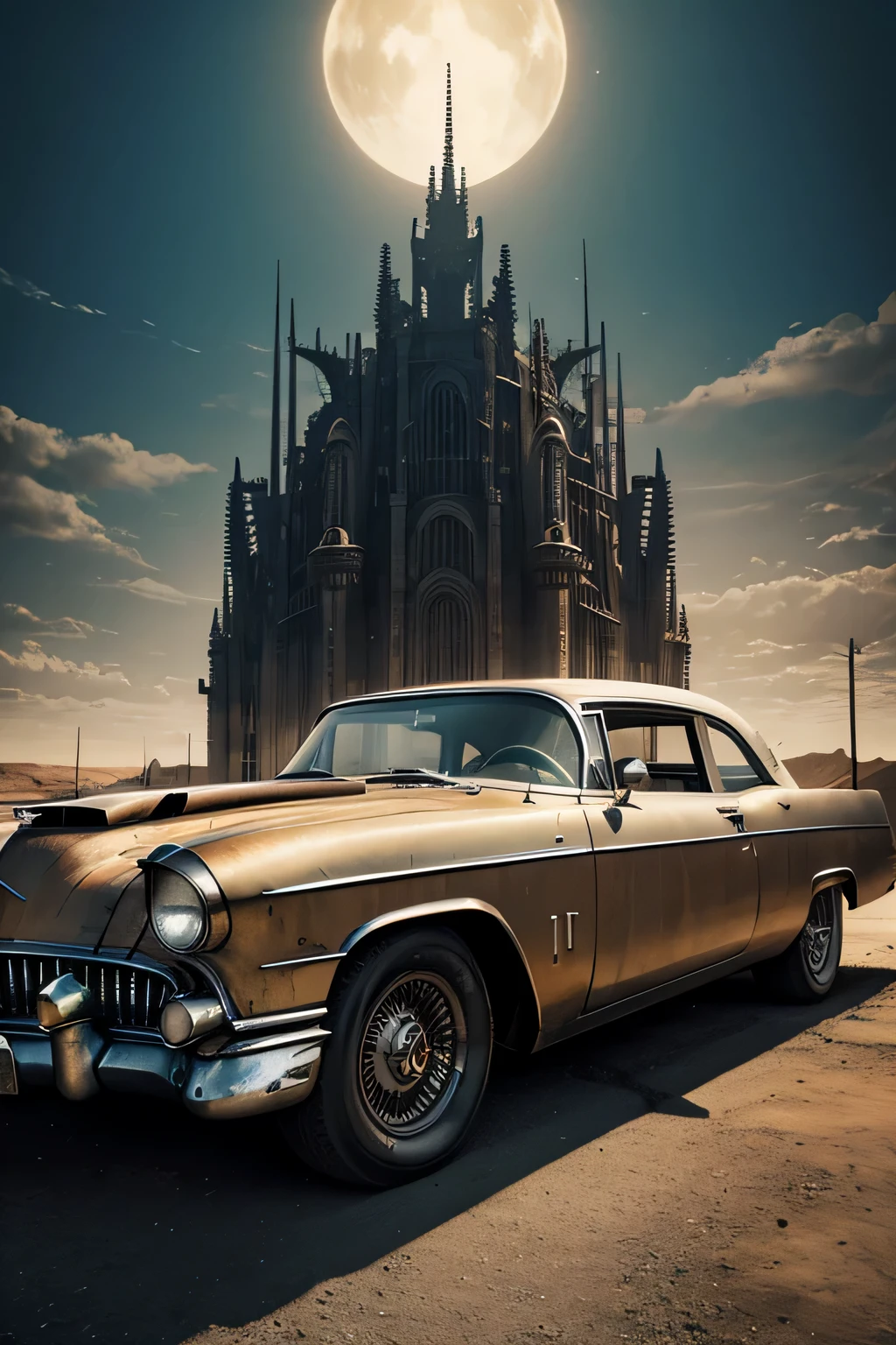 faithful image of an old rusty 1955 cadilac eldorado with spikes and spikes on the hood, carro steampunk, dramatic art, estilo de arte dieselpunk, apocalyptic road warrior vibe, a girl in sunglasses stands in the car, Arte digital surreal, Mad Max inspirado, heavy metallic artwork, simetria da face cromada, arte Steampunk digital, It&#39;s not the Mad Max style, metallic art, It&#39;s not Filip Hodas&#39; art style, arte digital steampunk, dieselpunk
