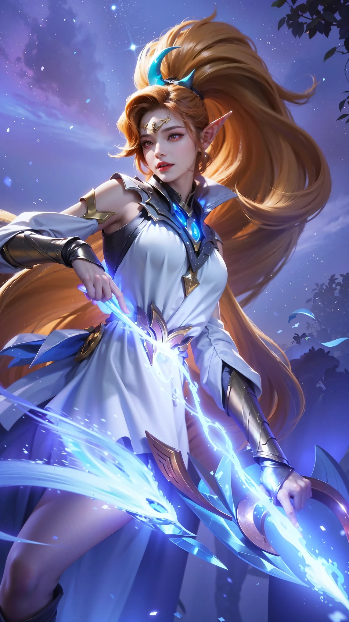 (female:1.2), 8k, ultra hd, ultra detailed texture, hyper realistic, masterpiece, detailed texture, detailed face, detailed skin, detailed lighting, (photorealistic:1.5), best quality, beautiful lighting, cinematic lighting, professional lighting, ultra highres, realistic, detailed hair, real hair, high quality, (realskin:1.5), extremely detailed, finely detail, ultra-detailed, 1girl, solo, elf, pointy ears, standing, demon horns, forehead protector, (red eyes:1.5), v-shapped eyebrow, lips, red lips, evil smile, nose, make up, pretty, beautiful, cute face, long hair, blue hair, high ponytail, large breasts, cleavage, armpit, navel, stomach, black armor, pauldrons, bare shoulders, shoulder armor, thigh high, sleevless, detached sleeves, breastplate, gauntlets, karina \(mobile legends\), depth of field, looking aways, white skin, skin tight, amazing pose, outdoors, glowing, dark view