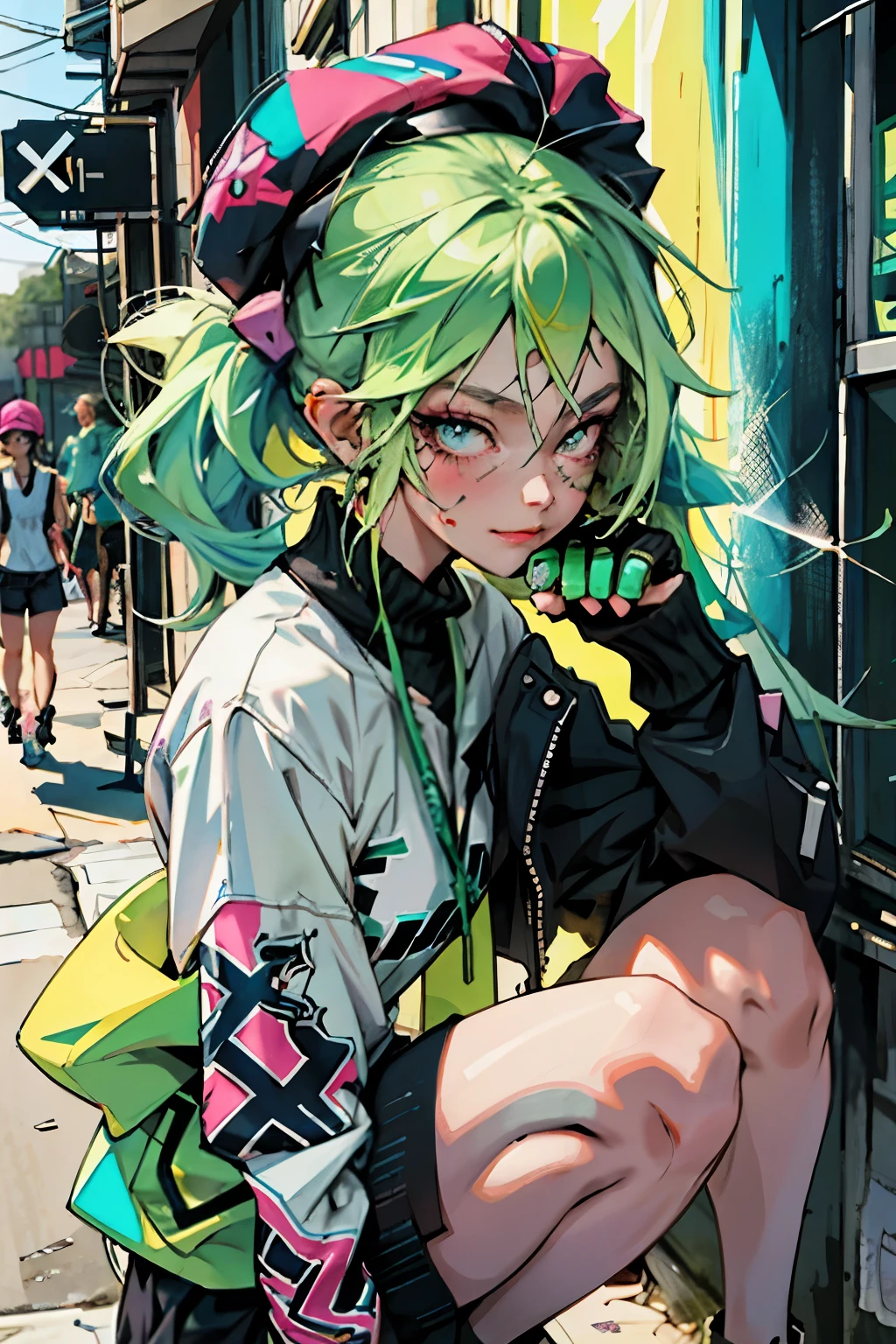 anime slim girl with a cap and a mask, thin face, holding a spray can, green messy hair, street background in neon pink and blue colors, stickers, smirk face, harley vibe, bad girl
