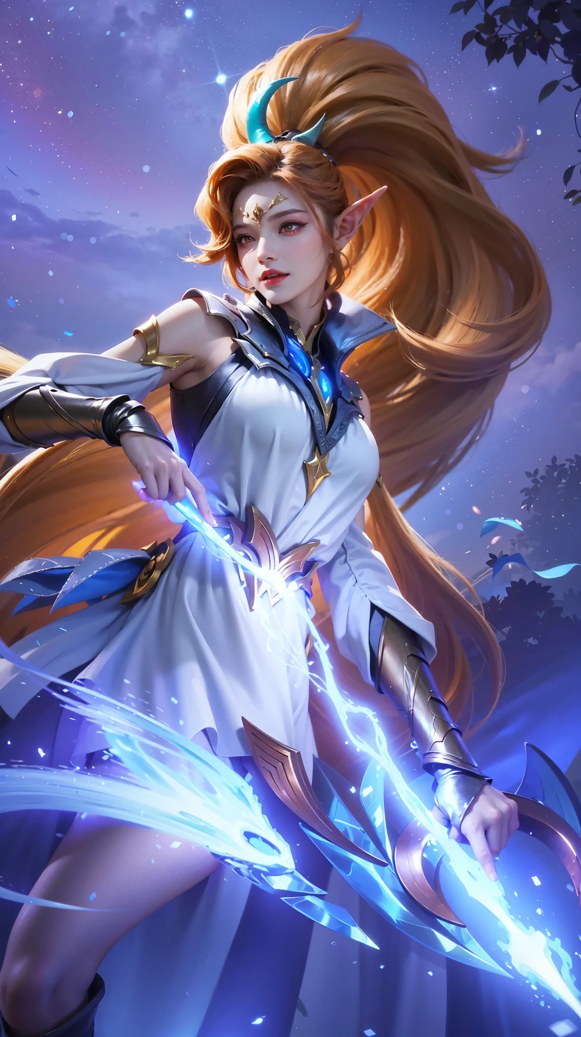 (female:1.2), 8k, ultra hd, ultra detailed texture, hyper realistic, masterpiece, detailed texture, detailed face, detailed skin, detailed lighting, (photorealistic:1.5), best quality, beautiful lighting, cinematic lighting, professional lighting, ultra highres, realistic, detailed hair, real hair, high quality, (realskin:1.5), extremely detailed, finely detail, ultra-detailed, 1girl, solo, elf, pointy ears, standing, demon horns, forehead protector, (red eyes:1.5), v-shapped eyebrow, lips, red lips, evil smile, nose, make up, pretty, beautiful, cute face, long hair, blue hair, high ponytail, large breasts, cleavage, armpit, navel, stomach, black armor, pauldrons, bare shoulders, shoulder armor, thigh high, sleevless, detached sleeves, breastplate, gauntlets, karina \(mobile legends\), depth of field, looking aways, white skin, skin tight, amazing pose, outdoors, glowing, dark view