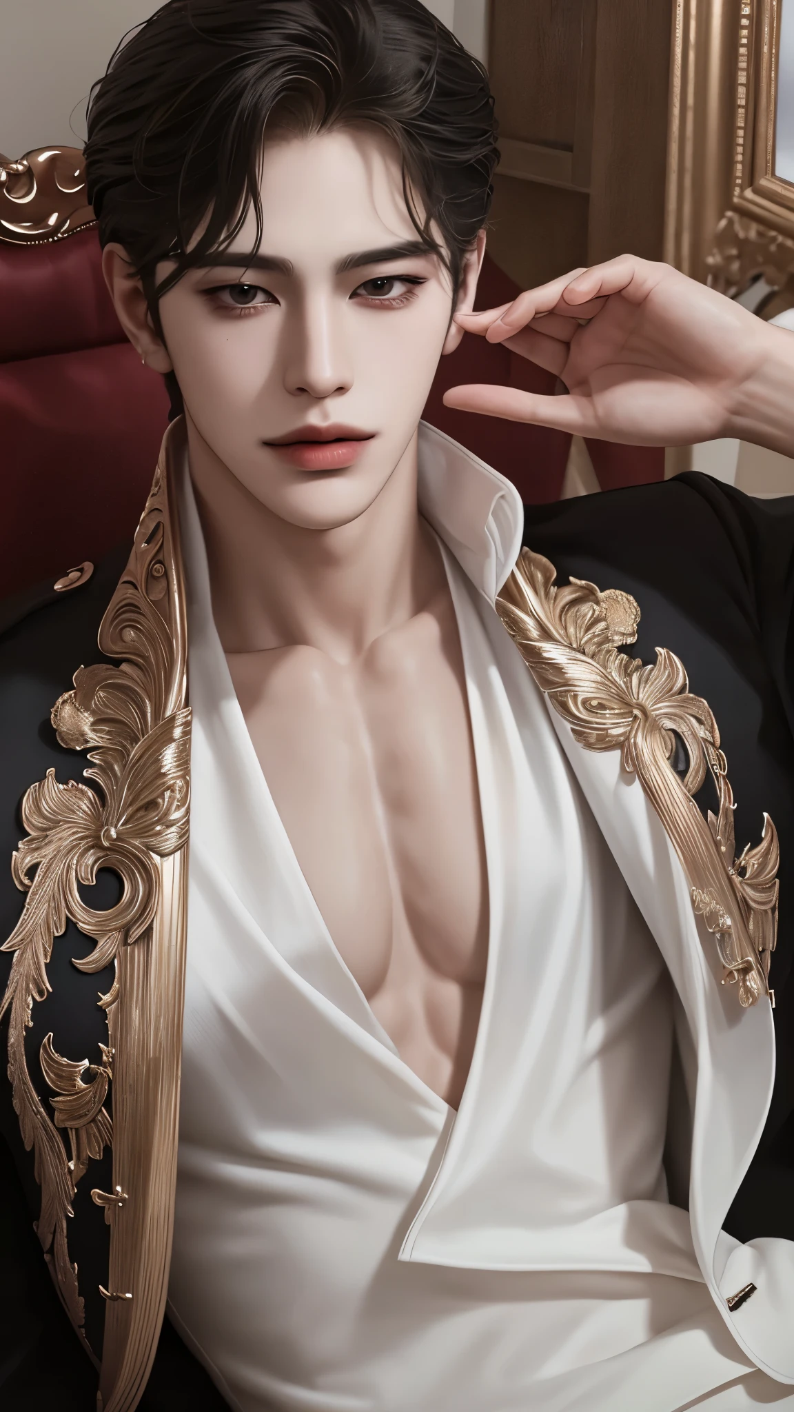 (Masterpiece, best quality:1.2), 1 person, The only charming man with heavenly eyes., light brown hair, magic , seductive appearance, Mysterious smile with a smile, Very beautiful face , Detailed facial image, Big, long nipples on the chest. , naked ,Complete penis,Handsome young man! diamond in ear. gold chain around the neck, Highest quality full body photos of cute boys.!The most realistic