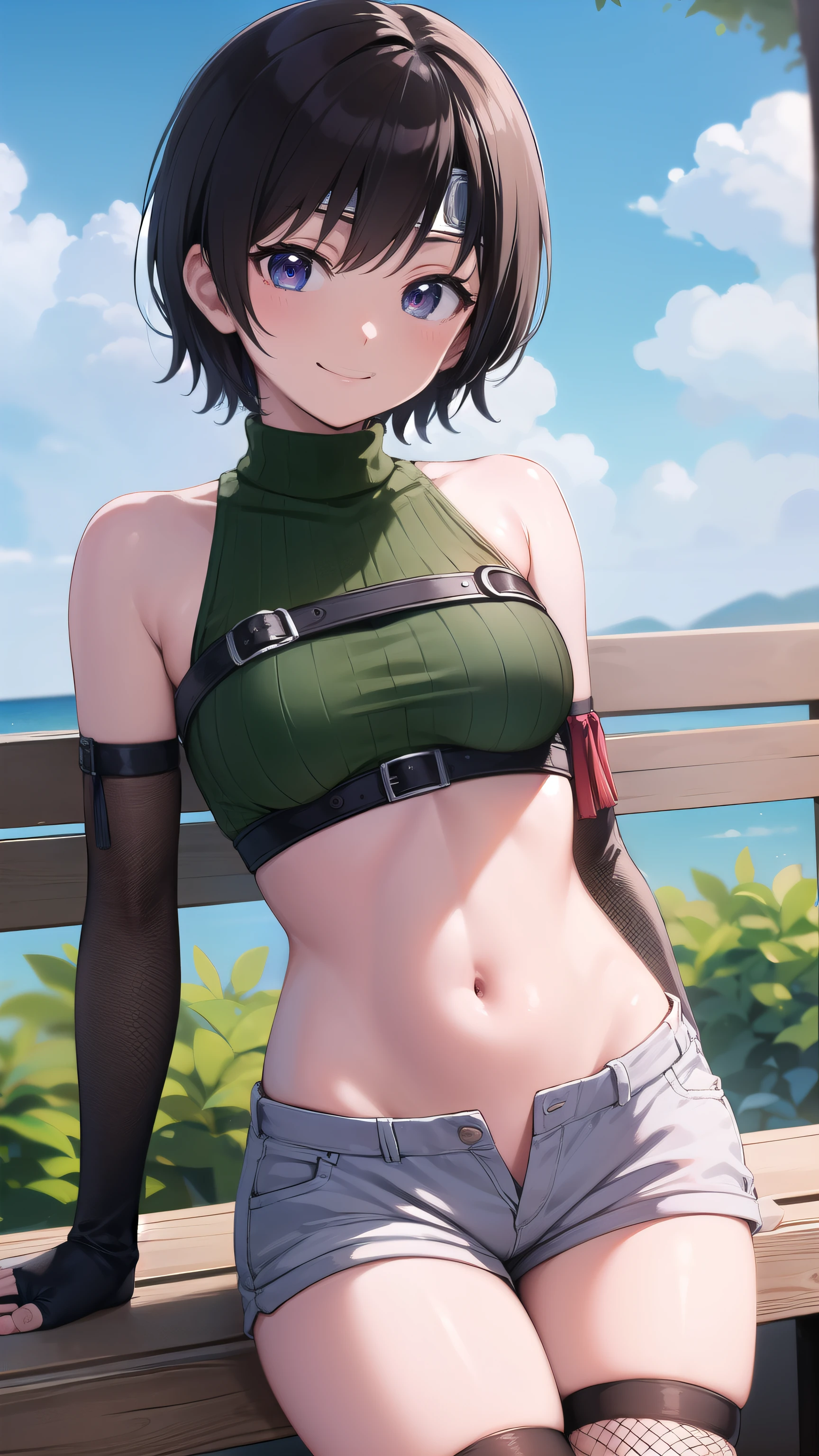 yuffiekisaragi, Yuffie Kisaragi,haircut, pixie cut,
壊す crop top, fingerless gloves, Fishnet tights Thighhighs, Fishnet tights, forehead protector, gloves, head band, belly button, short shorts, shorts, single sleeve, single thigh high, sleeveless, sleeveless turtleneck, Thighhighs, turtleneck,
bench、blue sky、smile