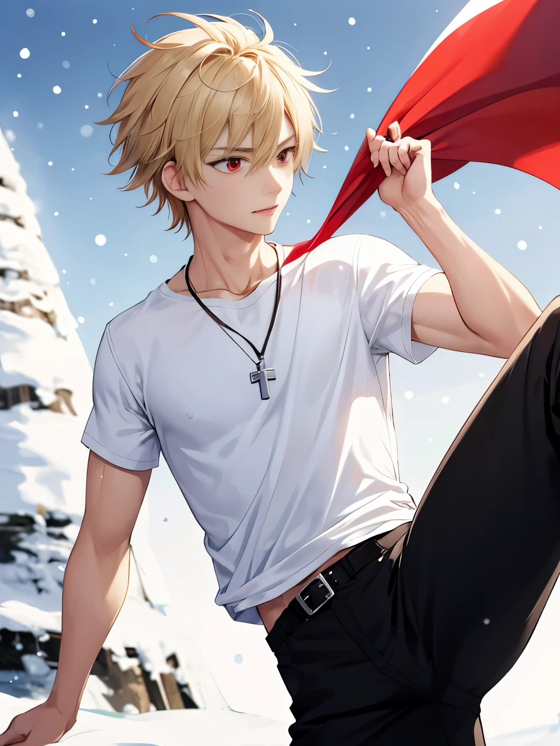 1 boy,solo,20 years old,guy,kick taekwondo, ,looking away,close up photo, at the north pole, it's snowing,,cross necklace,handsome,messy hair,Perfect face, short hair, blonde hair,black t-shirt, Plain t-shirt,black t-shirt,short sleeve t-shirt,black trousers, Long pants,red eyes,bright red eyes, vampire