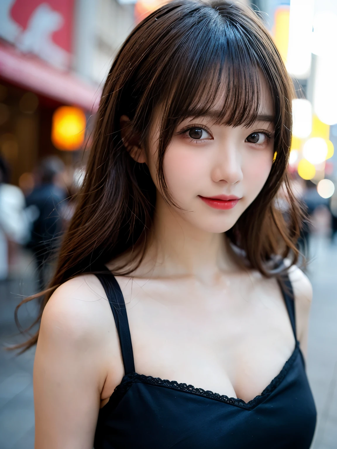 table top, highest quality, shape, Super detailed, finely, High resolution, 8k wallpaper, 完璧なダイナミックな構shape, finelyて美しい目, wearing a black dress,medium hair,natural color lip, smile,Harajuku、 girl、cute、looking at the camera、C cup、brown hair、Blurred night new york background
