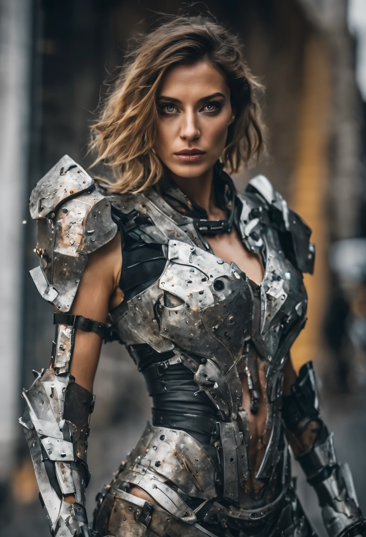 Medium shot of a sexy female cyborg wearing scratched and stained futuristic armor in a destroyed futuristic city, fantasia, sci-fi, lindo rosto feminino, sedutor, sexual, mist, vivid and seductive eyes, obra-prima da melhor qualidade, fotorrealista, detalhado, 8K, hdr, profundidade superficial de campo, luz ampla, alto contraste, backlight, florescer, brilhos de luz, Chromatic aberration, sharp focus, Foto colorida RAW