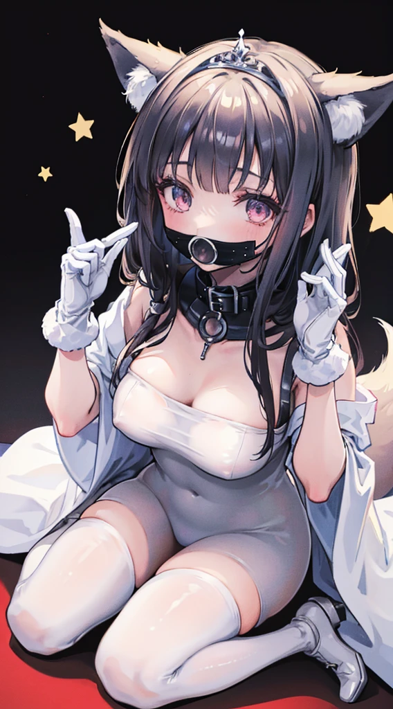 high quality, masterpiece, super detailed, 1 girl, extremely detailed faces, gagged,gagged,Christmas white latex full body suit,White gloves,black christmas stocking tiara,gagged,BDSM,handcuffs,collar,Calm expression,Smile,handcuffs,collar,long black hair, Charming pink eyes, fox ears, ridiculously big, skin shiny, sitting on the snow,Cover your chest with your hands,Bright Christmas night scene
