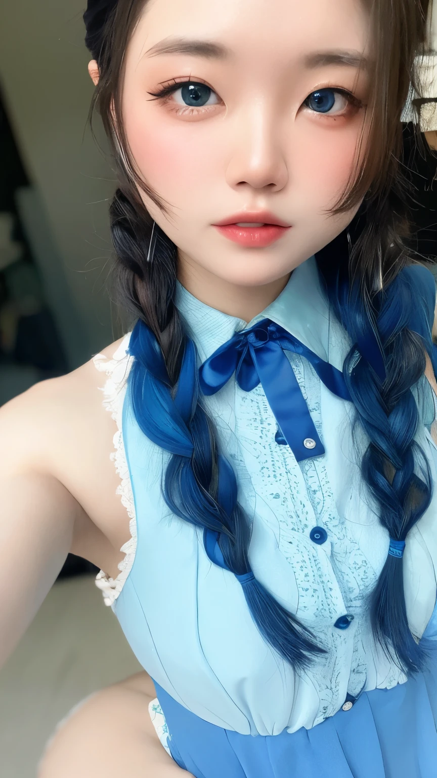 (((horizon blue world:1.3)))、highest quality, table top, High resolution, (((1 girl))), 16 years old,(((french braid:1.2)))、(((i am horizon blue:1.3)))、horizon blue dress、((horizon blue shirt:1.3、horizon blue color block dress)), Tyndall effect, realistic, shadow studio,Ultramarine lighting, dual tone lighting, (high detail skin: 1.2)、薄dark lighting、dark lighting、 Digital single-lens reflex camera, photograph, High resolution, 4k, 8k, background blur,fade out beautifully、horizon blue world