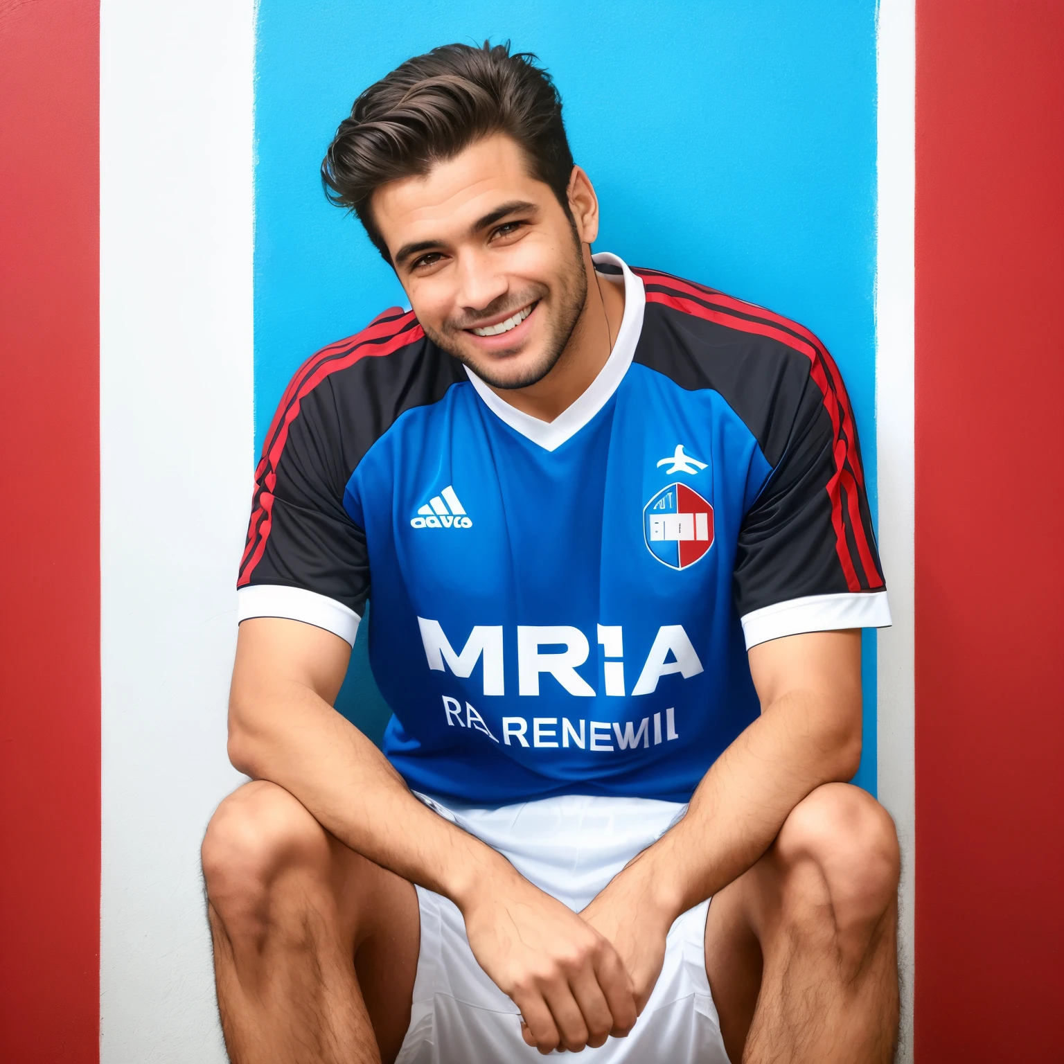 Homem sorridente sentado em frente a uma parede, black and red Grêmio Kappa shirt dress, Detalhe de arte, estilo realista, quadro esportivo.
(A happy man sitting in front of a white wall, wearing a Grêmio Kappa shirt, Art detail, realistic style, sportive painting.)