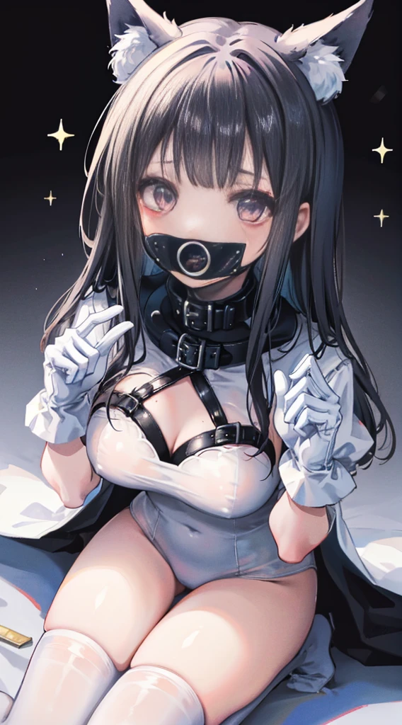 high quality, masterpiece, super detailed, 1 girl,  extremely detailed faces, gagged，gagged，Christmas white latex full body suit，White gloves，black christmas stocking tiara，gagged，BDSM,handcuffs，collar，Calm expression,Smile，handcuffs，collar，long black hair, Charming pink eyes, fox ears, ridiculously big, skin shiny, sitting on the snow，Cover your chest with your hands，Bright Christmas night scene