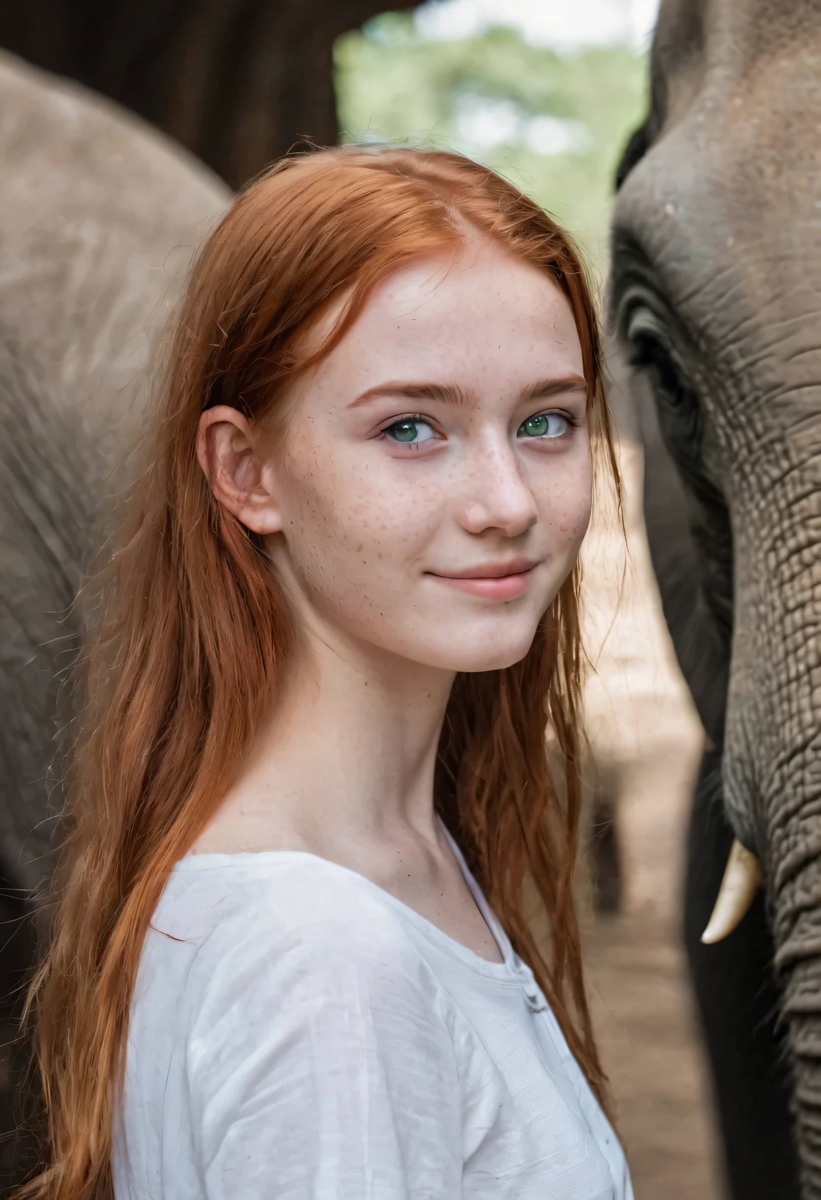 ((best quality)), ((detailed)),(masterpiece), ((cute perfect face, young 18 years old girl, slight smile, happy)), (red hair, green eyes), (freckles:0.1), 8k raw photo, photosession, elephants