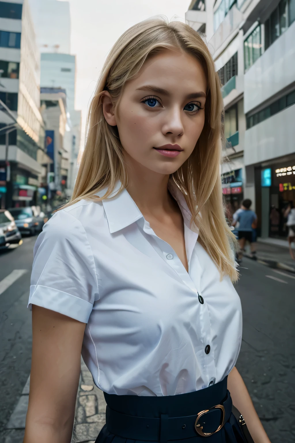 Woman with blond hair and cute face, blue eyes photorealistic shooting on a high-quality professional camera, dressed in Prada, street in Bangkok, skyscraper behind