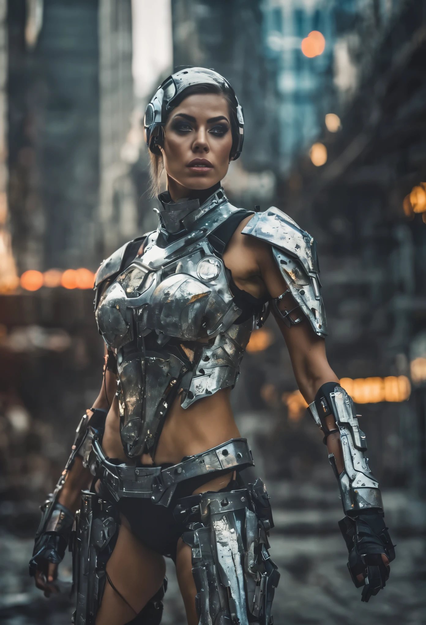 Medium shot of a sexy female cyborg wearing scratched and stained futuristic armor in a destroyed futuristic city, fantasia, sci-fi, lindo rosto feminino, sedutor, sexual, mist, vivid and seductive eyes, obra-prima da melhor qualidade, fotorrealista, detalhado, 8K, hdr, profundidade superficial de campo, luz ampla, alto contraste, backlight, florescer, brilhos de luz, Chromatic aberration, sharp focus, Foto colorida RAW