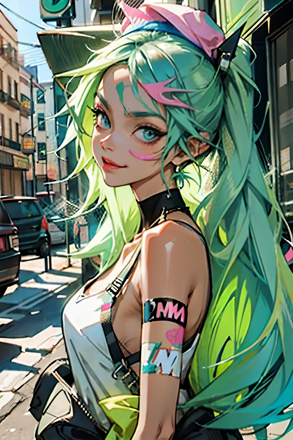 anime slim girl with a cap and a mask, thin face, holding a spray can, green messy hair, street background in neon pink and blue colors, stickers, smirk face, harley vibe, bad girl, very clear smooth face cheeks