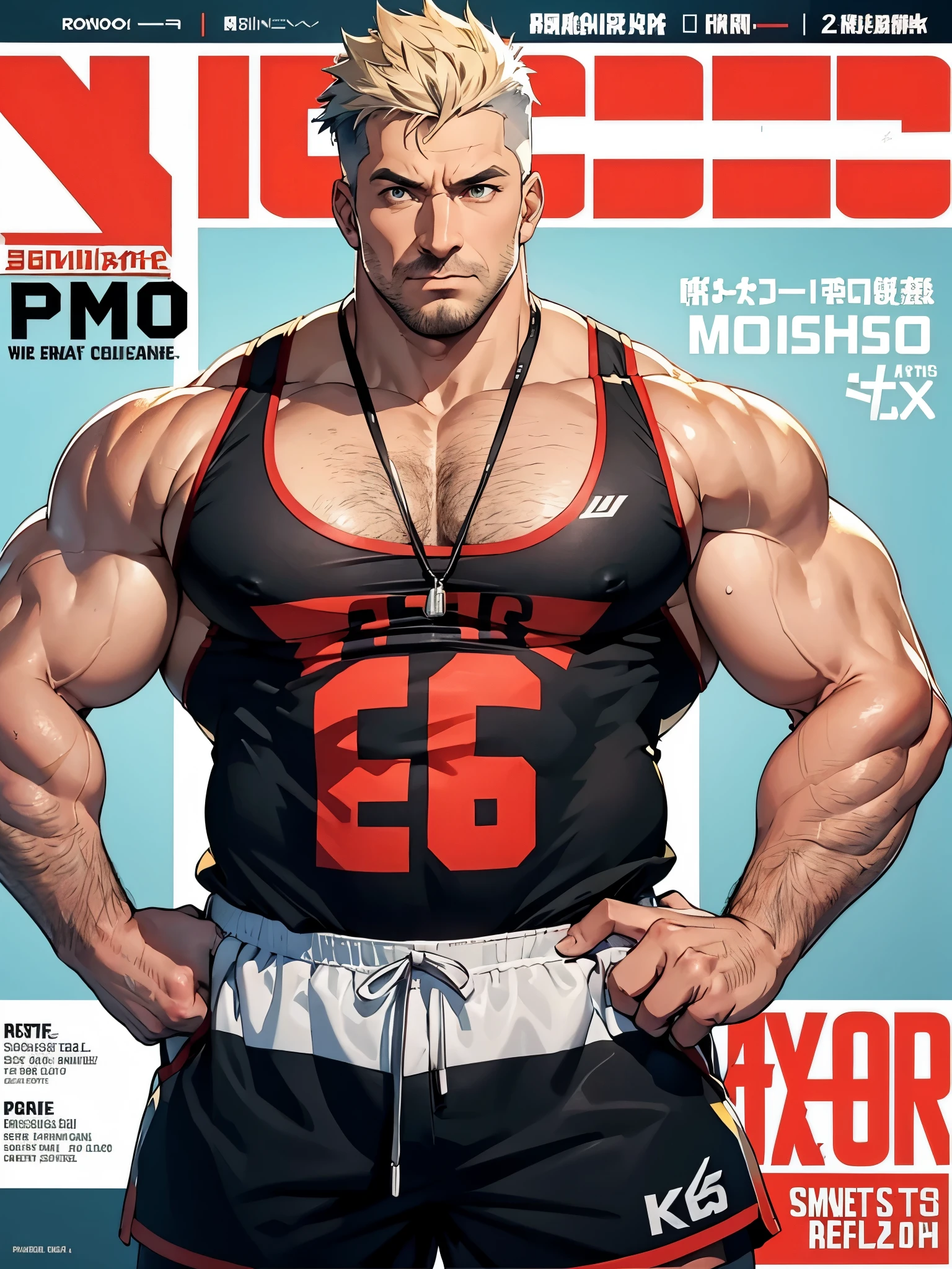 (magazine cover), with text, solo, 1boy, (Huge Muscular Old man as a boxer , wearing shorts, and tank top) (short hair), pectoral, abnormal muscle size, very big muscle, absurdly muscle size, huge pectoral, wide pectoral, (bara pecs: 1.3), short white hair, short bearded, simple background, masterpiece, high detailed, 8k, high resolution, --style 250, -- v 6.0