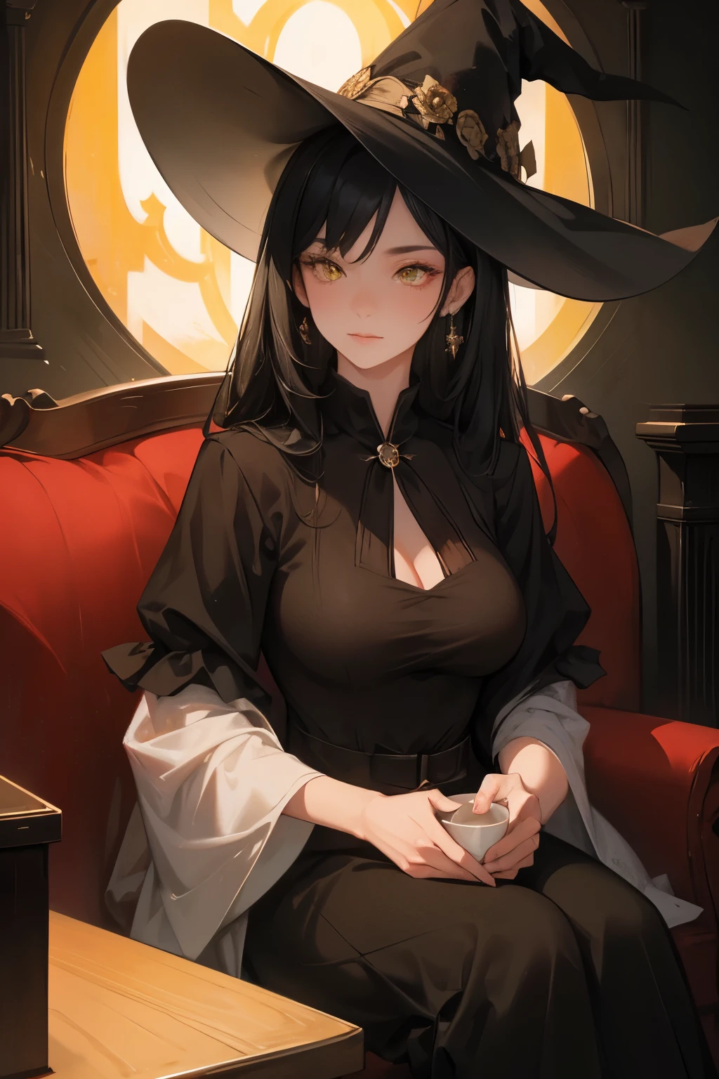 woman, mature, yellow eyes, long black hair, holding a cup of tea, 4k, beautiful, Long Black dress, heavenly, Witch