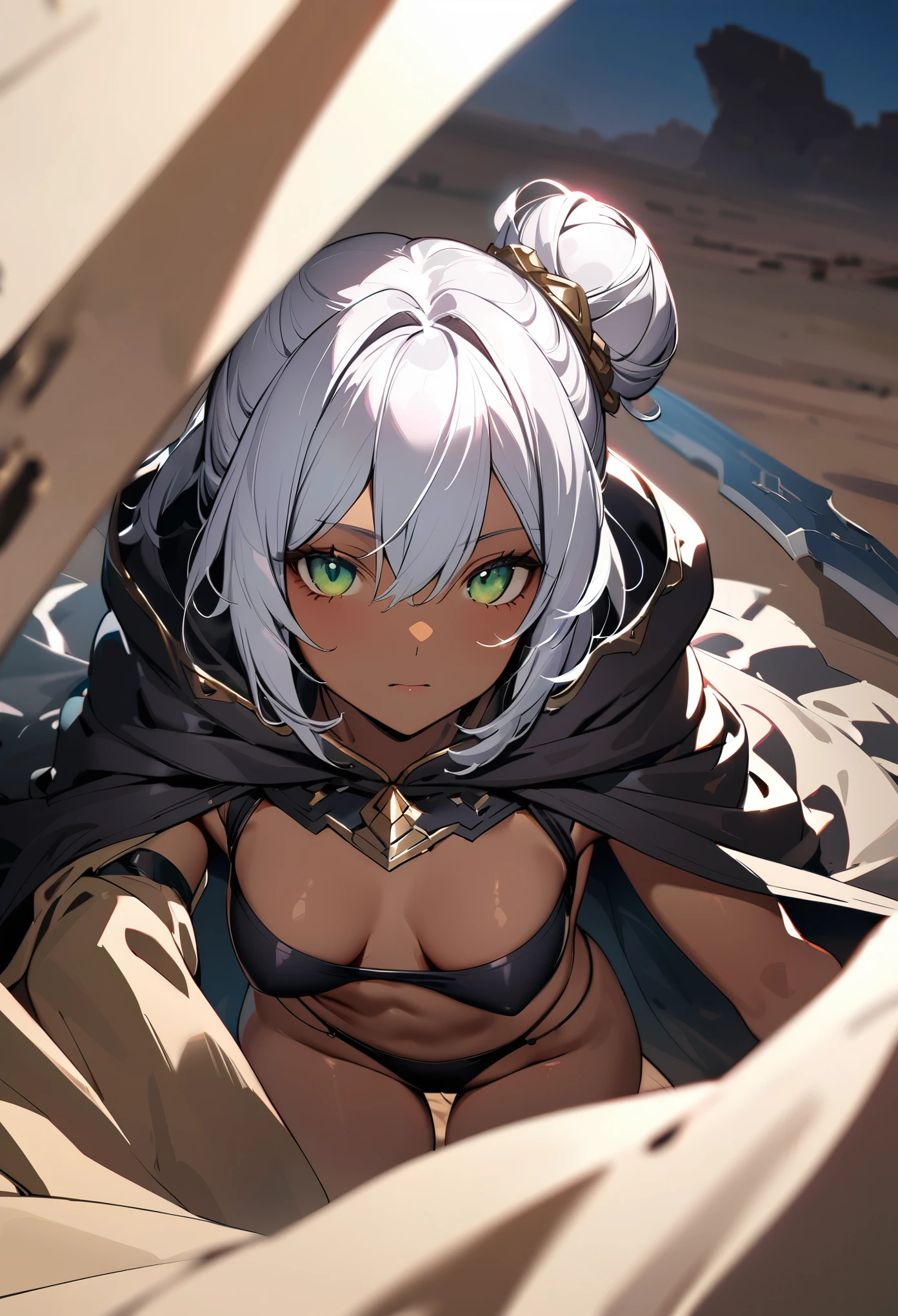 1girl, silver hair (dark skin:1.2) small hair buns, fantasy black croptop, fantasy black thong, cloak, hood covering head, shawl, holding daggers, green eyes, empty soulless eyes, desert background, textured skin, UHD, UHD, UHD, UHD, award winning, high details, incredible high-key lighting and shadows, masterpiece, incredible illustration