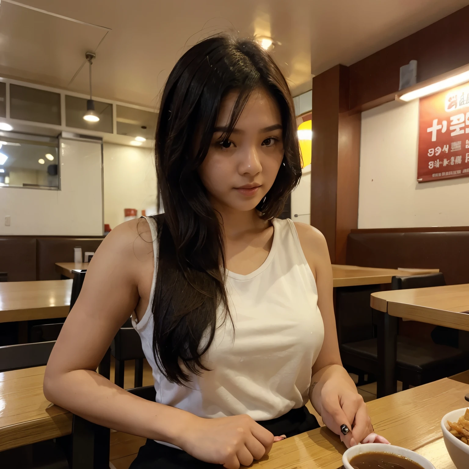 a half body shot of a 23 year old girl sitting at the samgyupsal restaurant wearing sleeveless blouse, morena, short black hair, shes blocking her face with her hair
