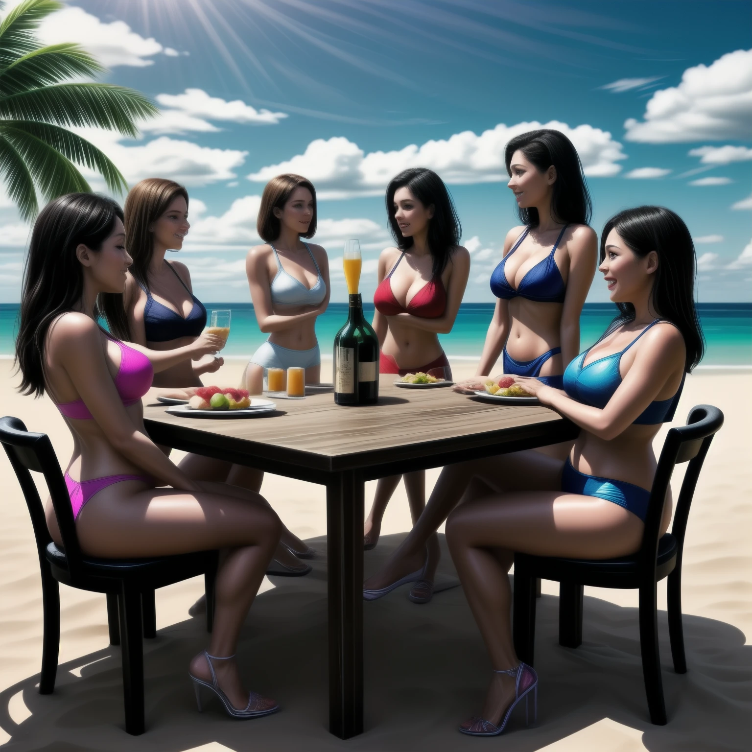 Five beautiful women wearing swim wears are sitting on chairs by the seaside, enjoying a beach party. On the table are delicious-looking food, bottles of beer, colorful cocktails, and sparkling wine. beautiful sky, daylight