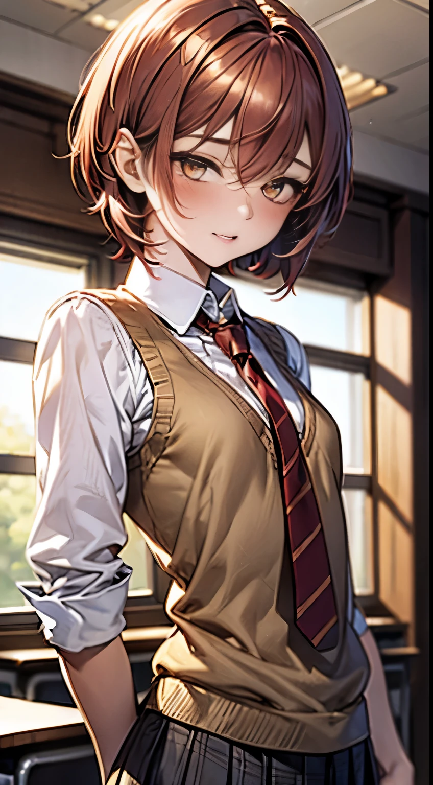 highest quality、best image quality、masterpiece、table top、elaborate design、visual art、 (table top, highest quality, High resolution, , perfect pixel, 4k,), 1 girl, single, alone, Beautiful woman、I could see the whole body, ((detailed face, blush:1.2)) ((medium breasts:1.6)), dynamic angle, perfect body,
((handsome short hair:1.9, redhead:1.6)), (flowing bangs, golden eyes, length:1.4, small eyes, length eyelashes chest:1.4),
((fine fabric texture, light brown cardigan vest:1.4, Light grey pleated skirt, white collared shirt, dark red tie)),
(beautiful scenery), daytime, (school classroom), Are standing, (closed mouth),