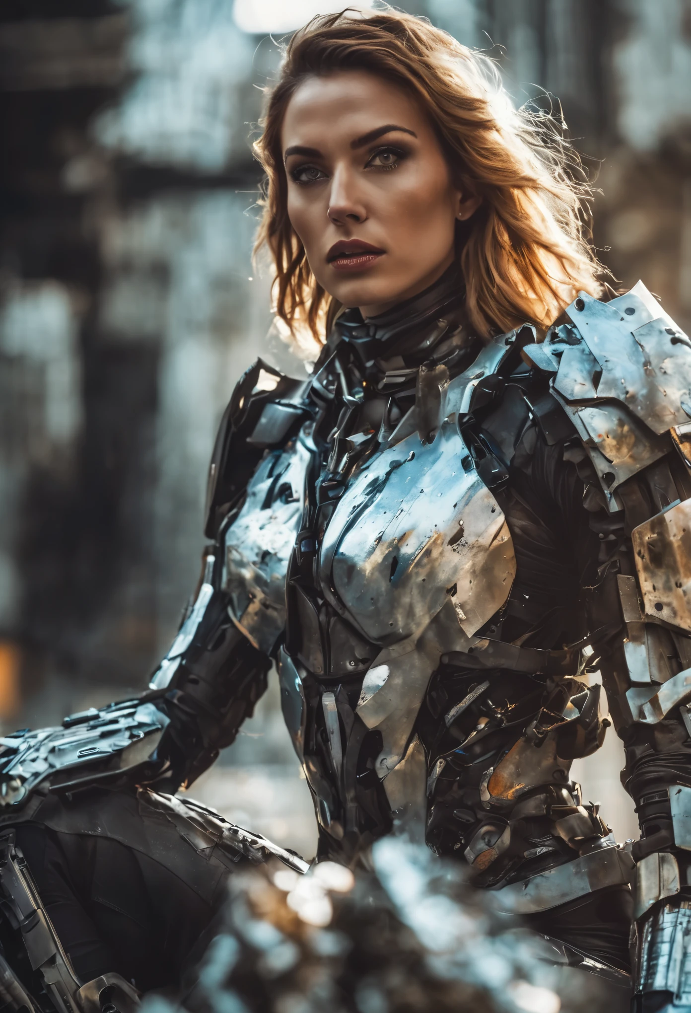 Medium shot of a sexy female cyborg wearing scratched and stained futuristic armor in a destroyed futuristic city, fantasia, sci-fi, lindo rosto feminino, sedutor, sexual, mist, vivid and seductive eyes, obra-prima da melhor qualidade, fotorrealista, detalhado, 8K, hdr, profundidade superficial de campo, luz ampla, alto contraste, backlight, florescer, brilhos de luz, Chromatic aberration, sharp focus, Foto colorida RAW