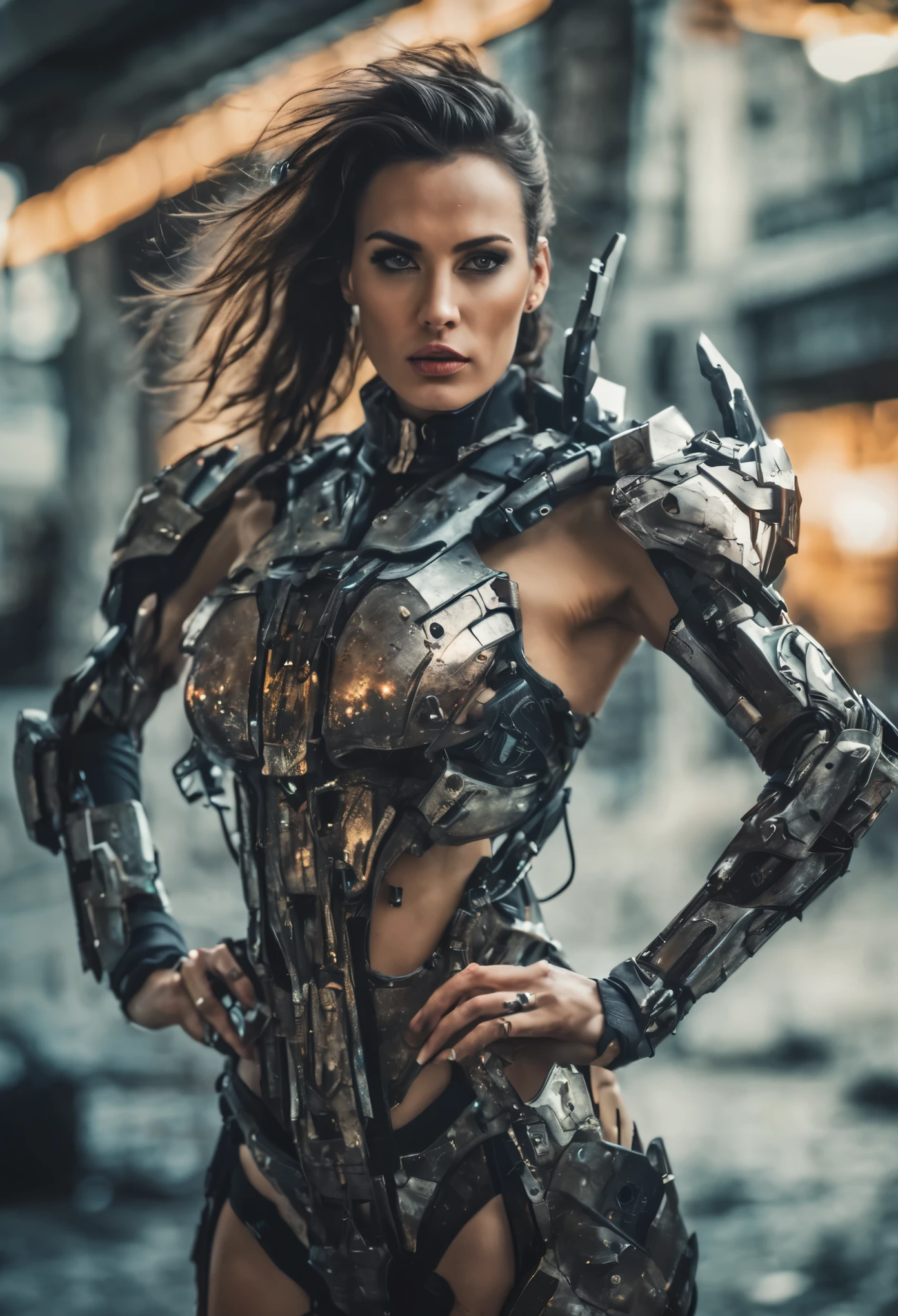 Medium shot of a sexy female cyborg wearing scratched and stained futuristic armor in a destroyed futuristic city, fantasia, sci-fi, lindo rosto feminino, sedutor, sexual, mist, vivid and seductive eyes, obra-prima da melhor qualidade, fotorrealista, detalhado, 8K, hdr, profundidade superficial de campo, luz ampla, alto contraste, backlight, florescer, brilhos de luz, Chromatic aberration, sharp focus, Foto colorida RAW