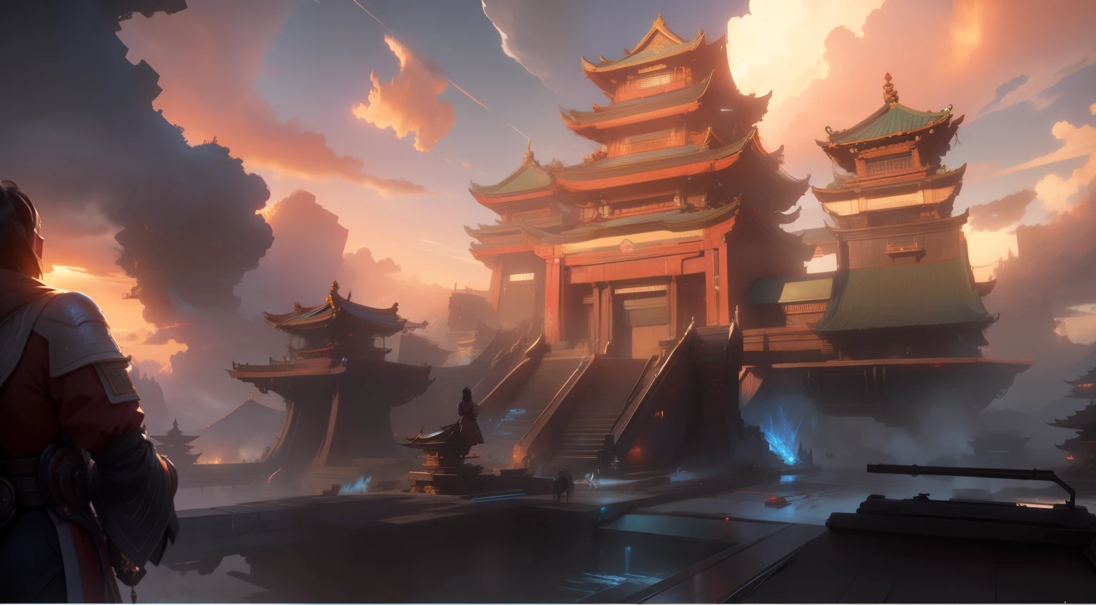 Anime style scene of a woman in kimono looking at buildings, Riot Games Concept Art, Battle formation special attack building, rossdraws global illumination, 《The Legend of Korra》set up, Ross Tran. landscape background, From Overwatch, Beautiful rendering of the Tang Dynasty, Cyberpunk ancient Chinese castle, sojourn From Overwatch, wlop and Ross Tran, G Liulian art style