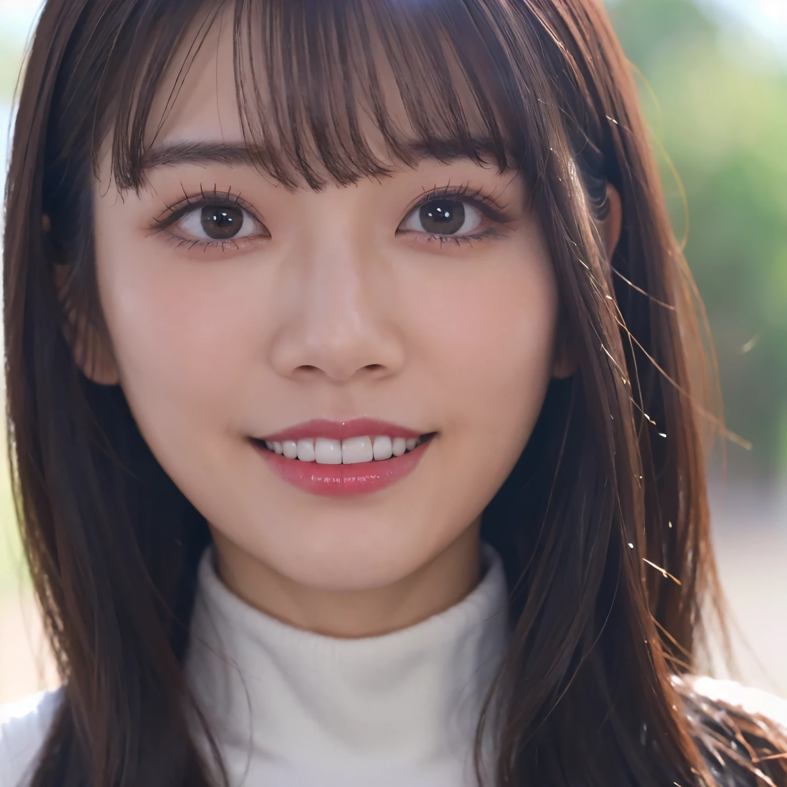 (highest quality、table top、8k、best image quality、Award-winning work)、one beautiful woman、25 years old、(Fixed front configuration:1.1)、(Front photo from the chest up:1.1)、(big and full breasts:1.1)、(emphasize body line:1.1)、(Bright, dark red turtleneck tight knit sweater that fits perfectly:1.1)、(upper body photo:1.1)、look at me and smile、(strongly blurred natural park background:1.1)、droopy eyes、natural makeup、With bangs、long hair、Ultra high definition beauty face、(Super high definition perfect beautiful teeth:1.1)、ultra high definition hair、Super high-definition sparkling eyes、Super high resolution glossy lips、accurate anatomy、(very bright and vivid:1.3)