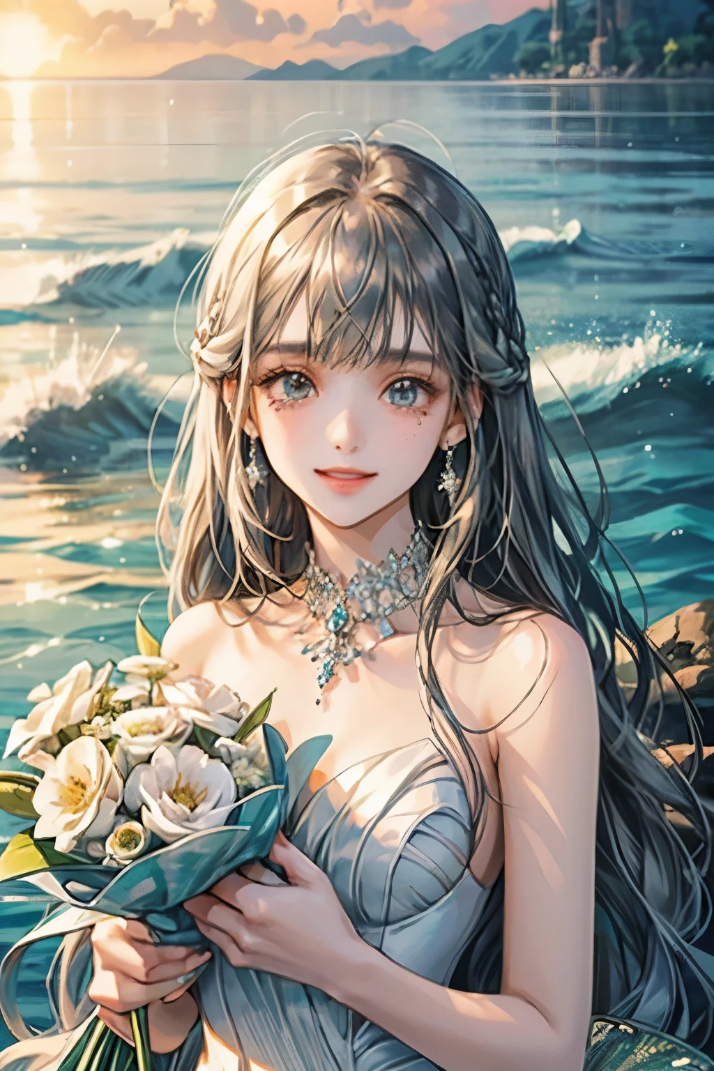 white、Ocean、droppy eyes、brown eyeole on face、smile、 female、woman wearing one piece、long hair girl、((long hair girl))、girl with bangs、detailed face、clear face、((Highest image quality))、mole、bouquet、bride、mermaid dress