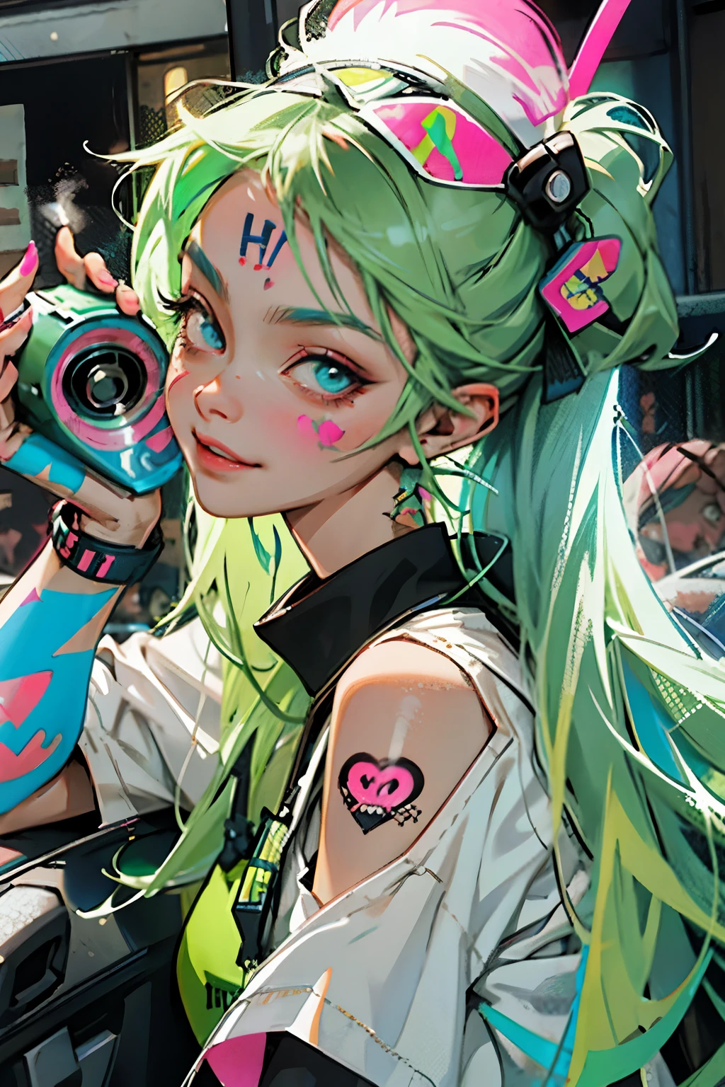 anime slim girl with a cap and a mask, thin face, holding a spray can, green messy hair, street background in neon pink and blue colors, stickers, smirk face, harley vibe, bad girl, very clear smooth face cheeks