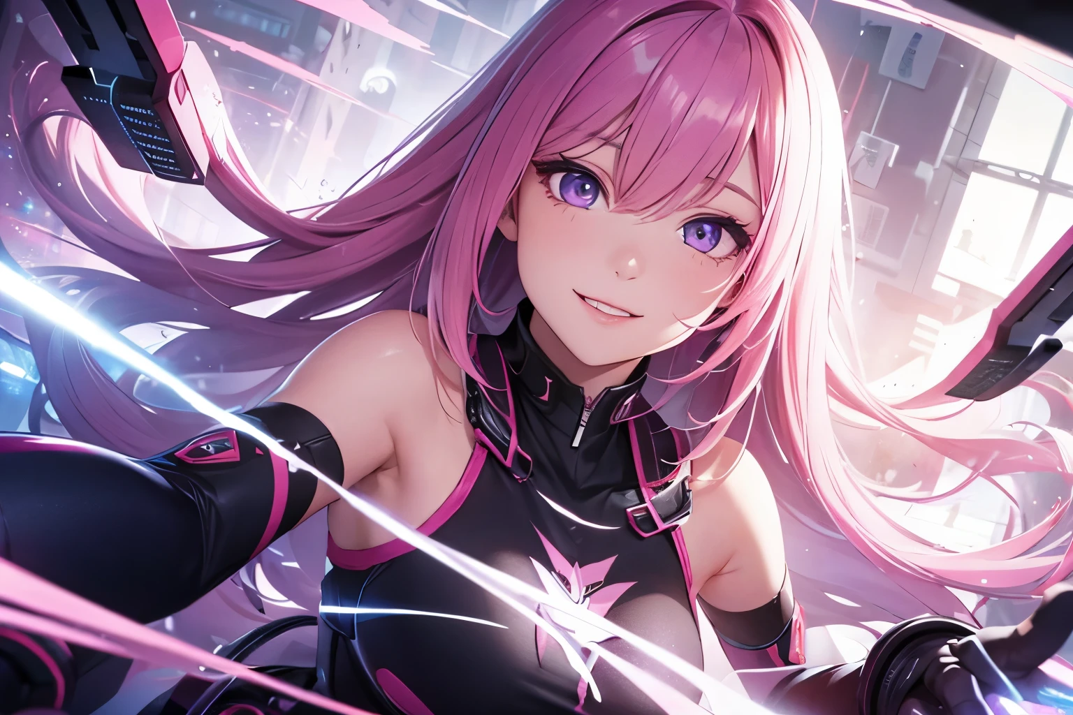 1girl (masterpiece, round_iris, extremely crisp crystalline shiny purple eyes, perfect_anatomy, extremely_captivating_hypnotic_mystic_eyes, ) perfect face, long pink hair, smiling evil, big breasts, gamer girl, gaming room, pink walls, dynamic pose, best quality, 4k