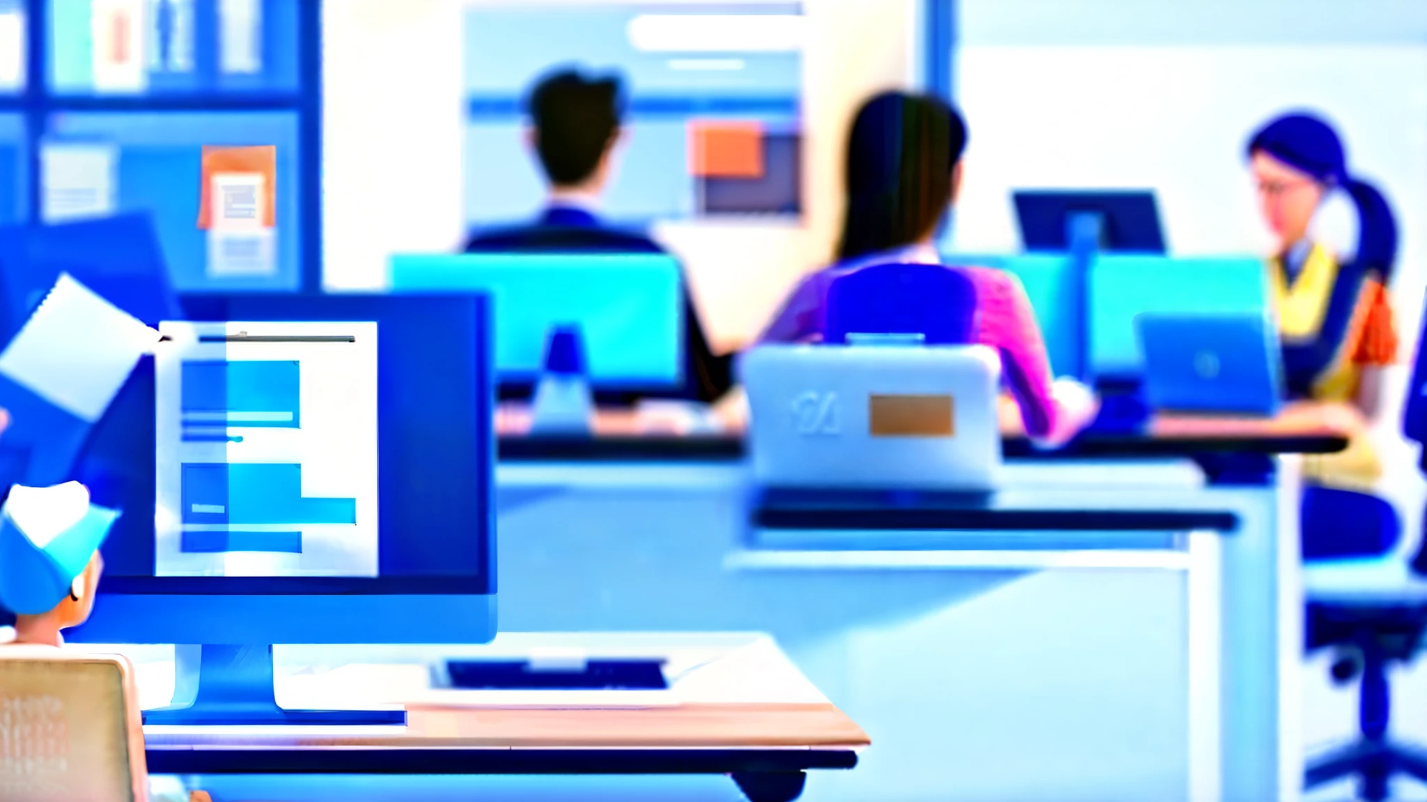 realistic, personality: A busy office setting with people working diligently at their desks, focused and determined. Show a mix of physical and mental effort, with everyone showing discipline and dedication to their tasks. The atmosphere should convey a sense of hard work and efficiencyunreal engine, hyper real --q 2 --v 5.2 --ar 16:9