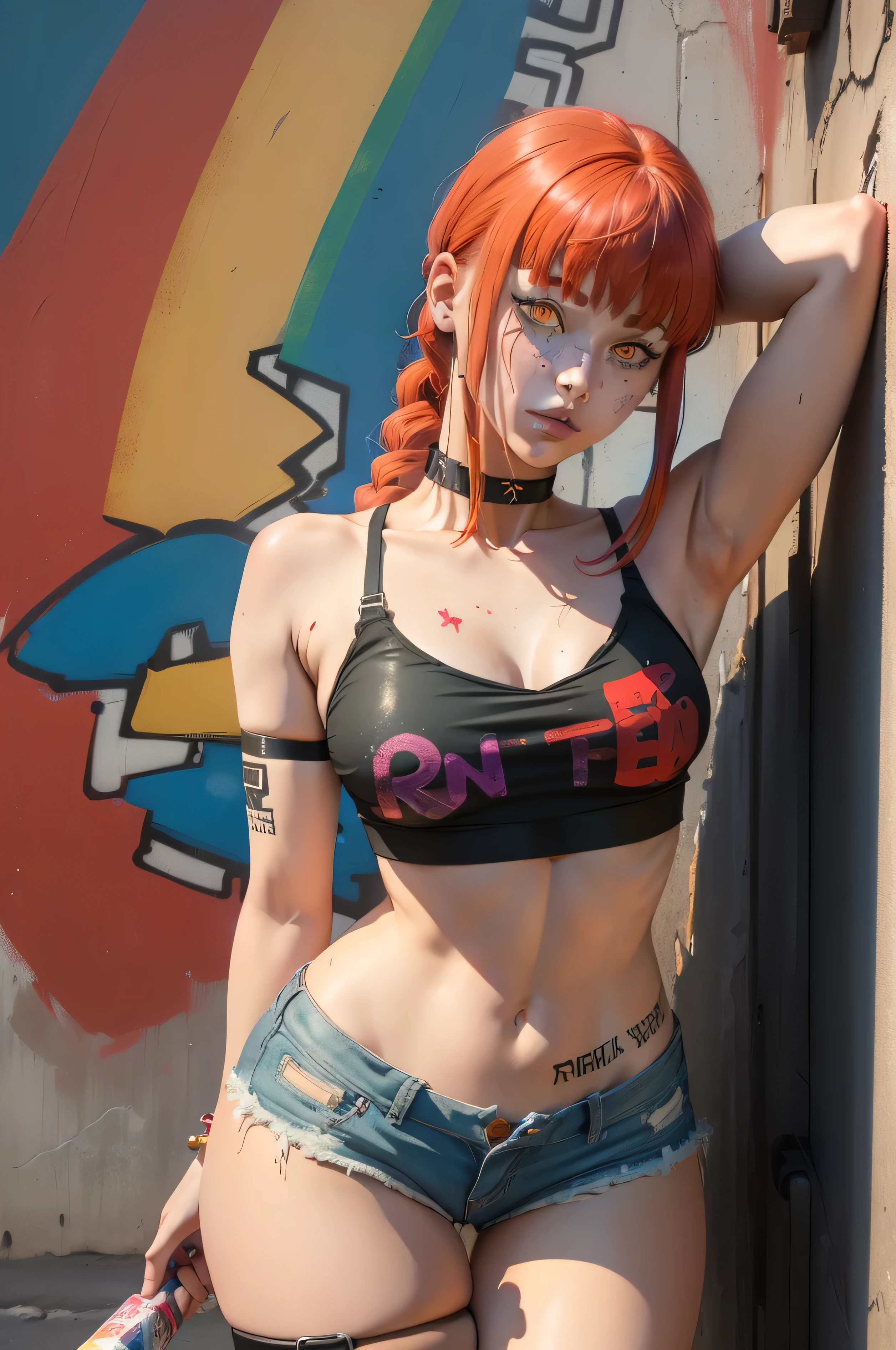 Masterpiece, Best Quality, 1girl, report, crop-top, jean shorts, Choker, (graffiti:1.aint splatter, (Hands Behind Your Back), Against a wall, looking a viewer, A bracelet, thigh strap, Paint on the body, tilt of head, bored,red hair color, Rainbow-colored eyes, Makima,
