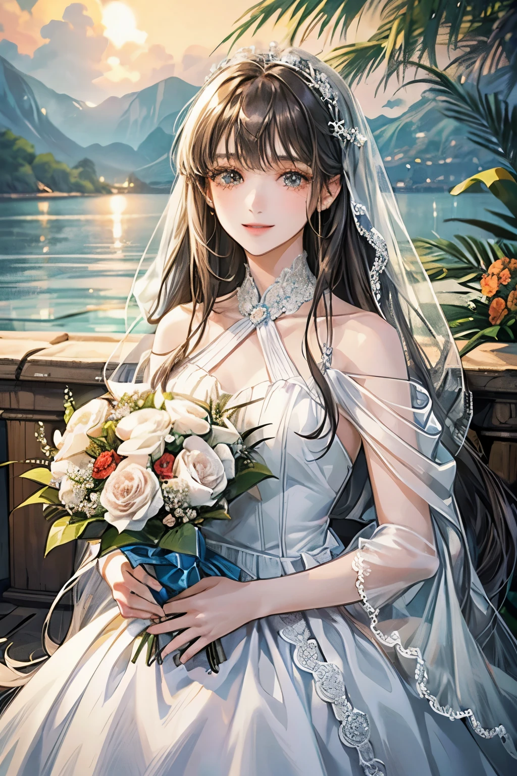 white、Ocean、droopy eyes、brown eyelids on face、smile、 female、Woman wearing dress、long hair girl、((long hair girl))、Girl with bangs、detailed face、clean face、((best image quality))、mole、bouquet、bride、white手袋