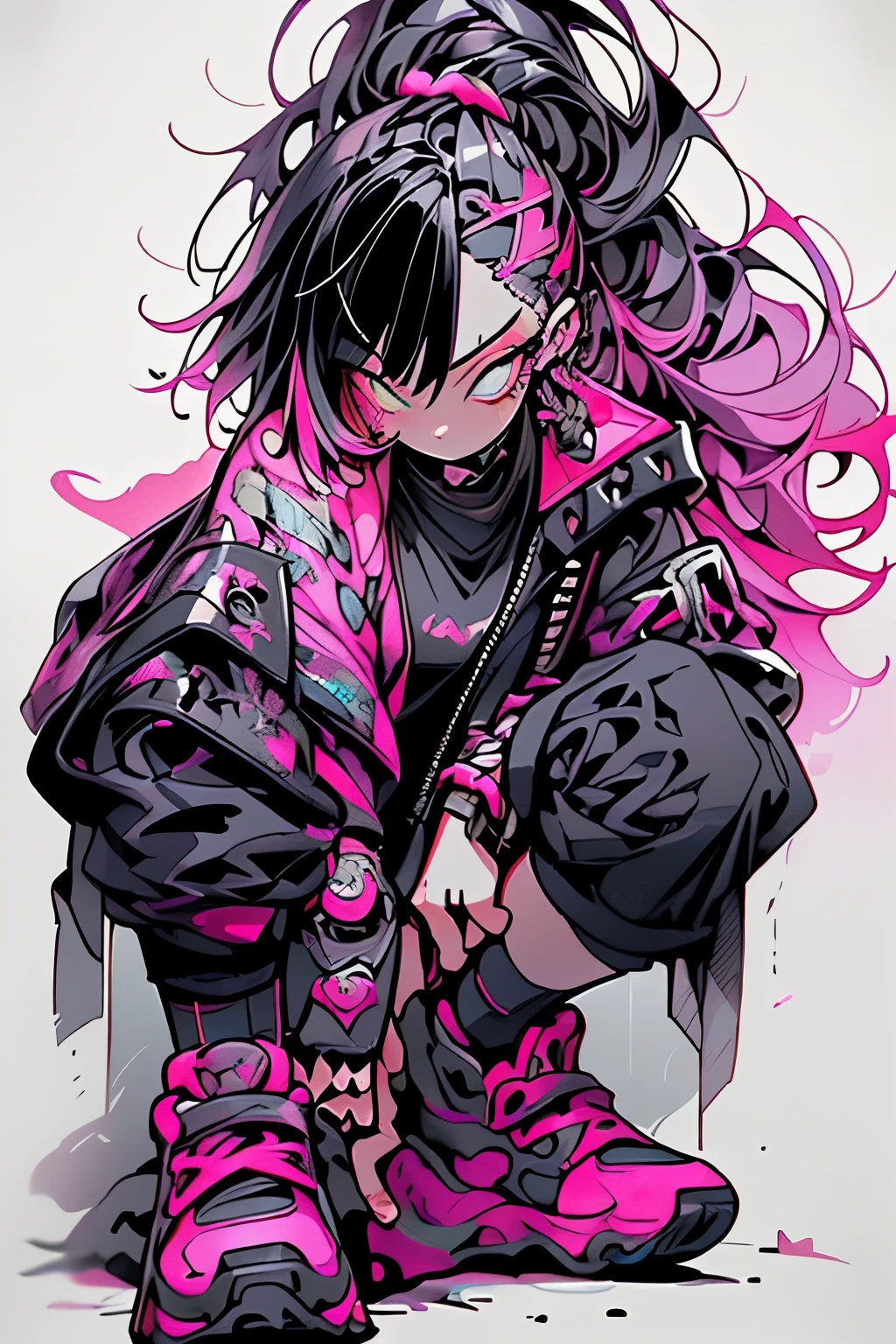 Step Piece, Best Quality, Best Illustration, Ultra-detailed,girl, pinkrose long hair, crazy baddie girl, Cool Black Open Short Jacket, neck tattoo, Messy Fade Cut Hair, Side braided hair,Crazy, standing with an eerie feeling, abandond street graffiti wall background,knee high socks, quirky sneakers, Eyeshadow on the eyes,unusual colored eyes, Eyes of fear, Vivid eyes, cool shot