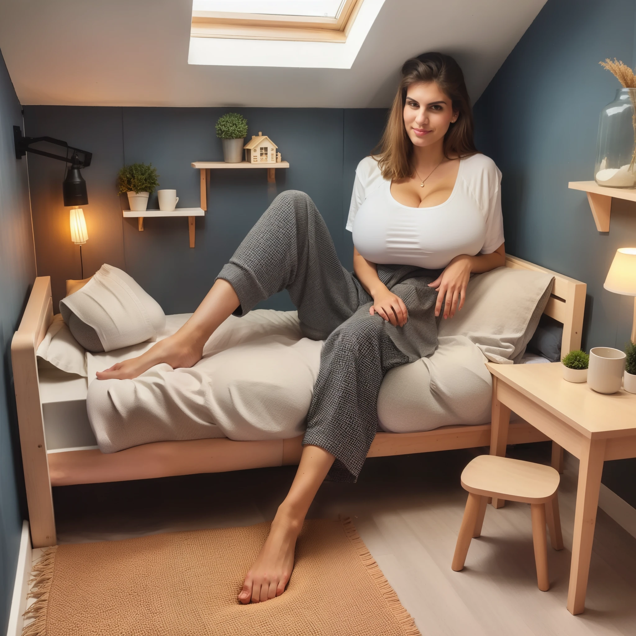 plain white scoop-neck shirt, (big giant enormous oversized massive huge colossal breasts:1.5), (gigantic sagging breasts:1.5), cleavage, sitting in bed, (long legs:1.5)