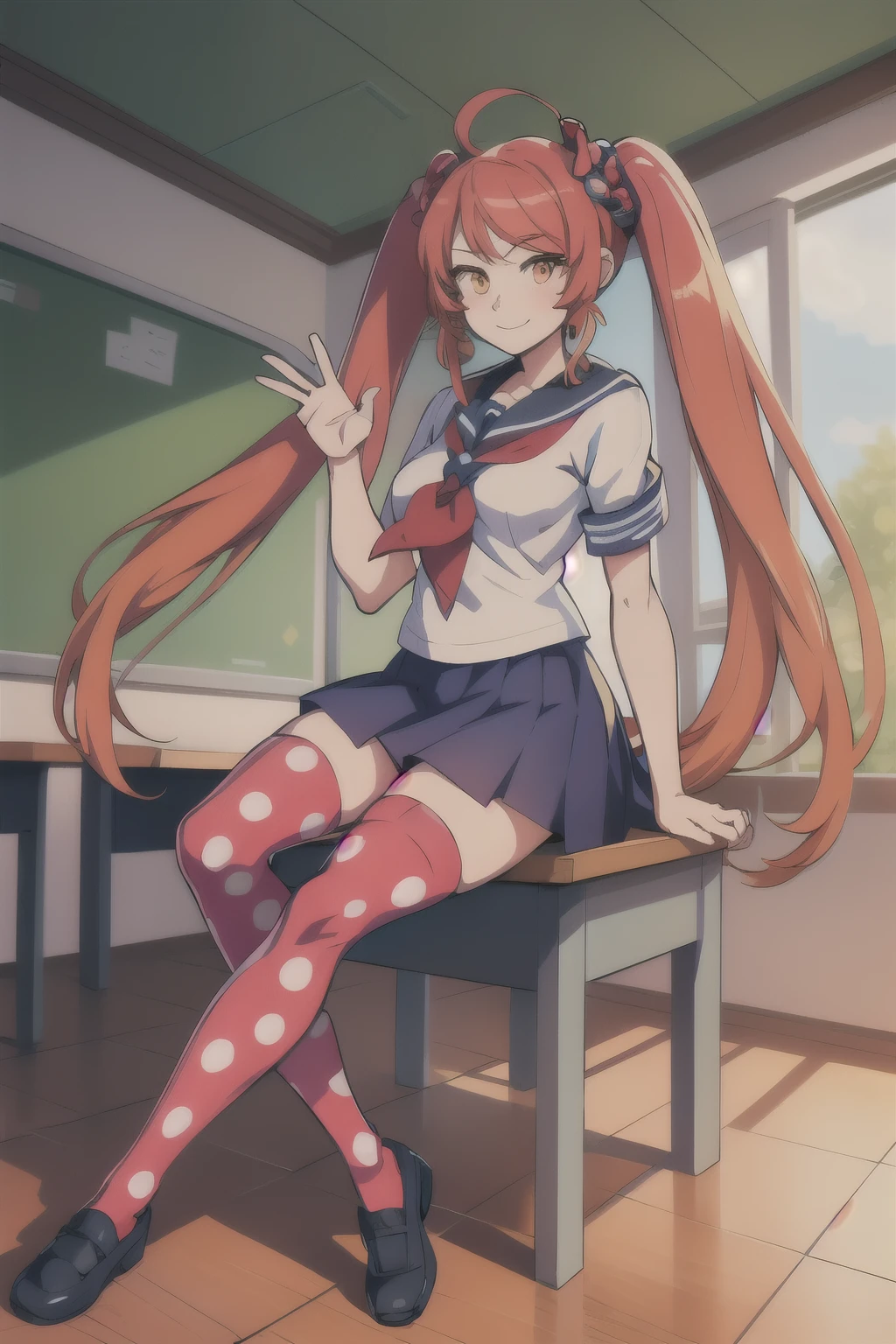 Anime, personagem, female, mulher ,simulador yandere, Palavras de gatilho, OsanaNajimi, twintails, serafuku, red scarf, saia azul, legging de bolinhas, blue skirt, polka dot legwear, indoors, sitting, classroom, waving at viewer, smile,
