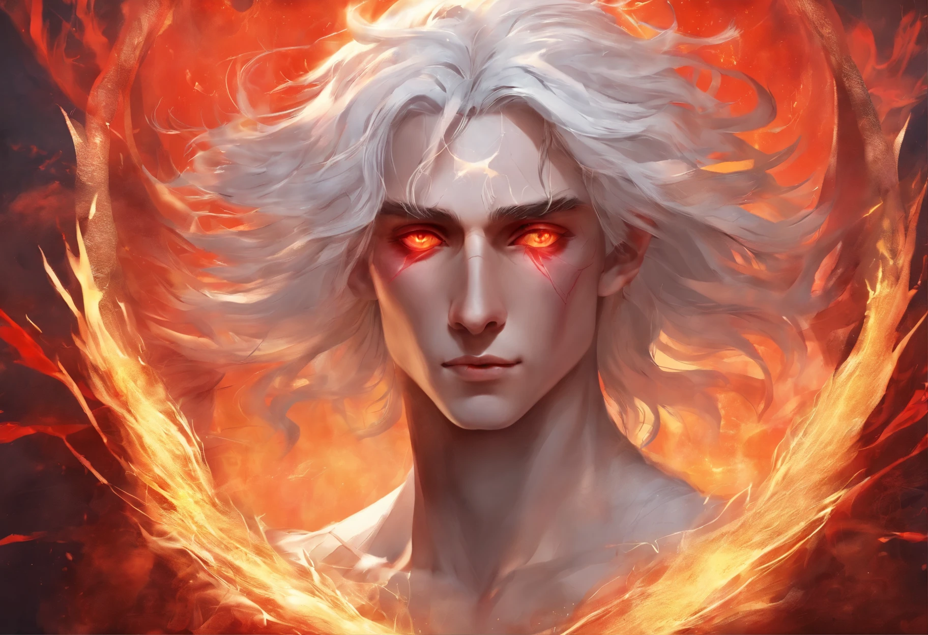 timothy chalamet, white hair, mouth mask, red eyes, black sclera, bandages on his arms, has fire powers, fire comes from his hands, prepared to fight, body covered in wounds, fighting, film tone, anime 4k, Not wearing a shirt