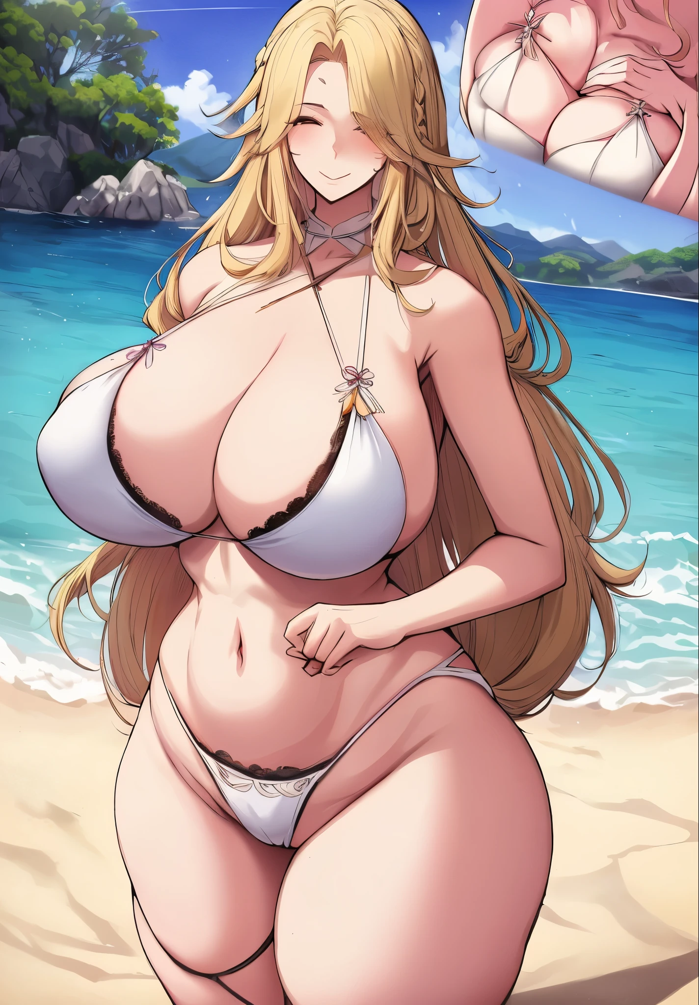 mature female, tall female, matsumoto rangiku, blonde hair, gigantic breasts, blue eyes, parted bangs, half-closed eyes, outdoors, shiny skin, naughty face, seductive smile, very long hair, french braid, curvy, hair intakes, matsumoto rangiku, forehead, cloud, cover, lips, closed mouth, motherly gaze, white bikini, lace bikini, treethicc, milf, mountain, bikini, lace bikini
