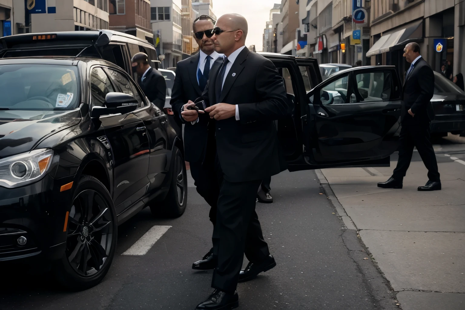 executive security detail men using ear pieces wearing suits, executive coming out of car 1920x1080 pixels horizontal picture