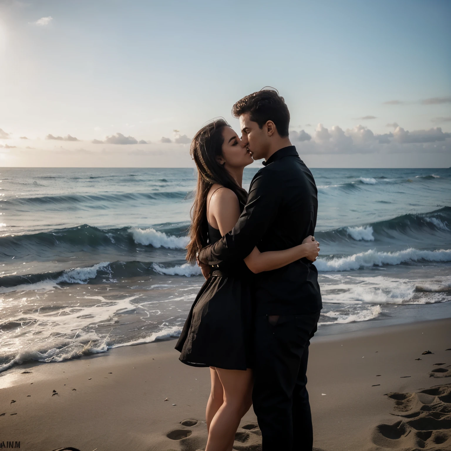 Um casal sentado na areia conversando de casaco preto e mostrando o mar, imagem para capa de musica