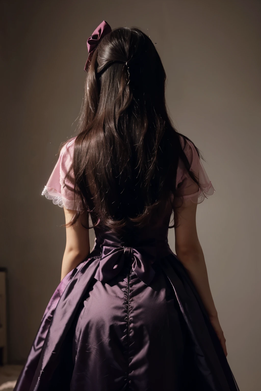 A Korean girl wearing a princess pink laced gown, it is very flowy, ((((looking away)))) from the camera completely. (Back shot of her) Jet black long hair with a pink bow tie on her long hair. Slim waist and figure.